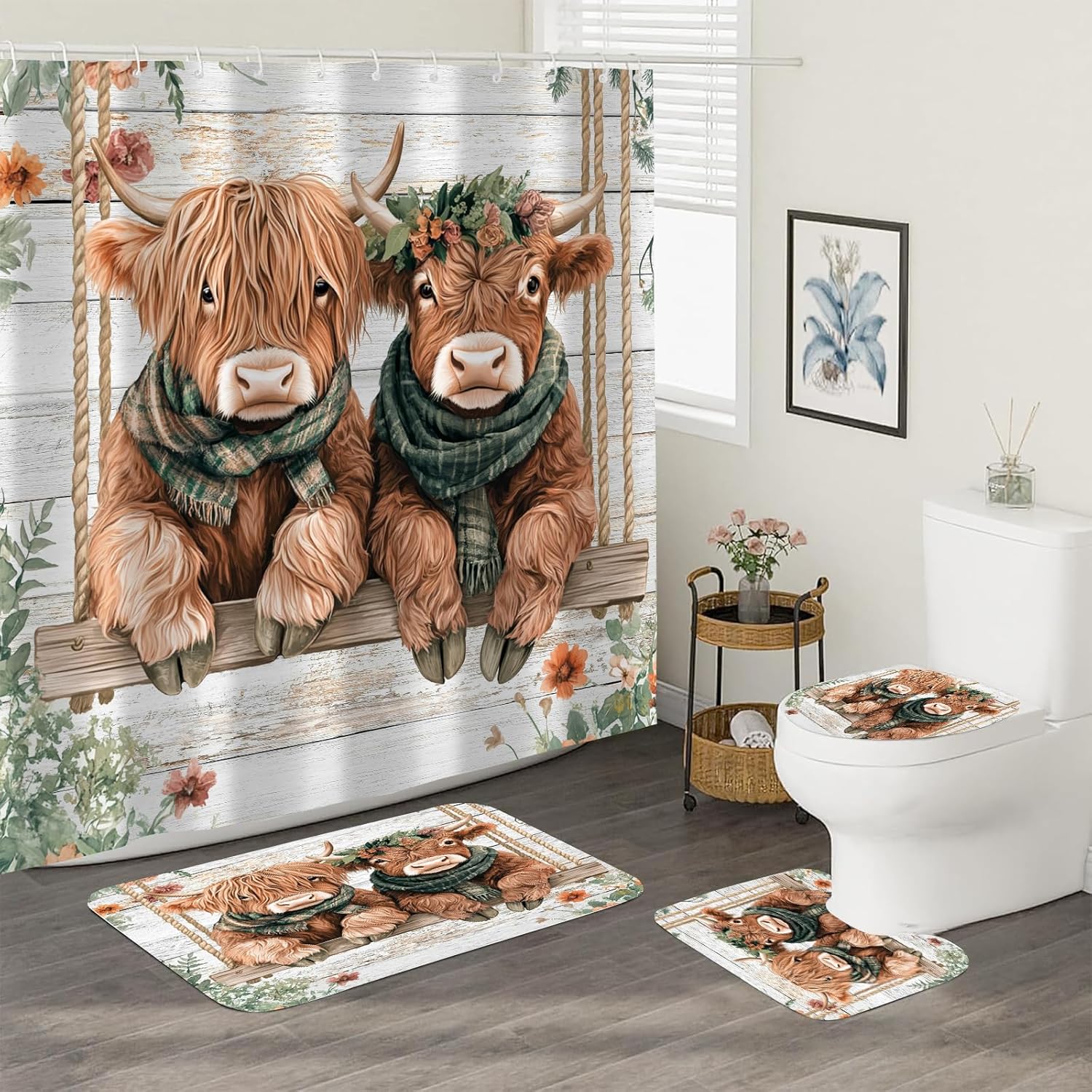 4 Pcs Highland Cow Shower Curtain Sets, Farmhouse Cute Cow Rustic Wooden Waterproof Bathroom Sets with Non-Slip Rugs, Toilet Lid Cover and Bath Mat, Accessories Home Bathroom Decor 72" X 72"