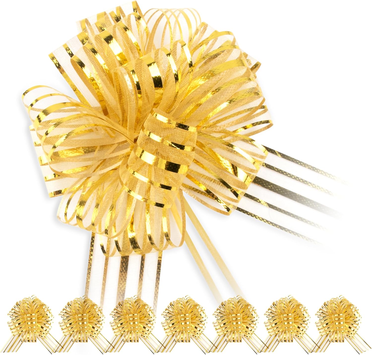 8 Pcs Gold Pull Bows for Gift Wrapping, 5.9 Inch Organza Chiffon Yarn Present Bow for Wedding Car, Christmas, Valentine's Day, Birthday, Party Decoration