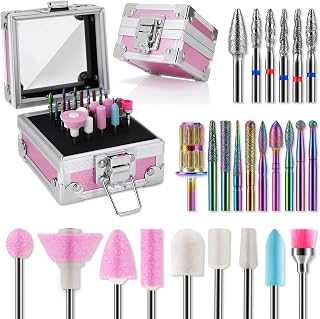 25Pcs Nail Drill Bits Set with Portable Pink Case, KKUYT 3/32 Inch Tungsten Carbide Ceramic Nail Drill Bits, Diamond Cuticle Remover Bits Kit for Home Salon Acrylic Gel Nail Manicure Pedicure Tools