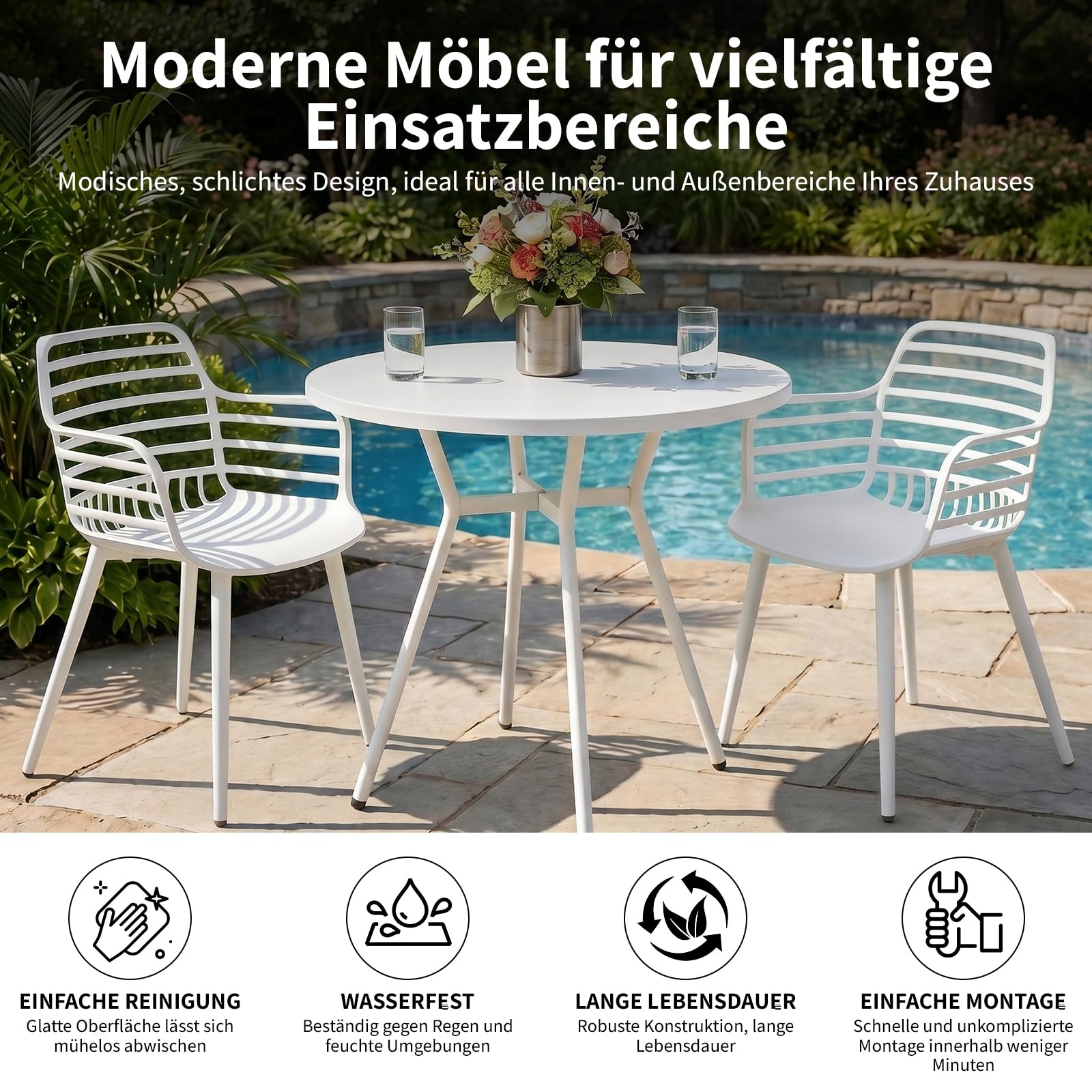 JIJIAN Essgruppe, Runder Weiß Esstisch mit 2 Weiß Armlehnenstühle, Durchmesser 80 cm, für Wohnzimmer, Café, Terrasse, Garten, Empfangsraum
