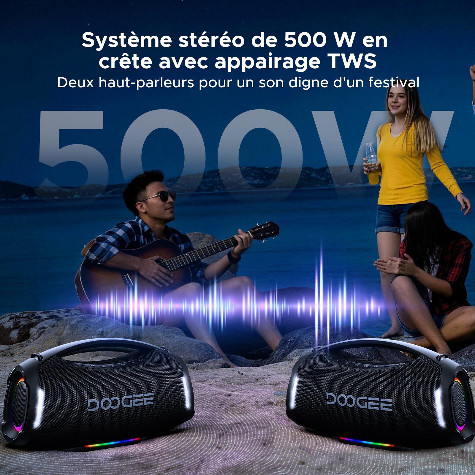 Enceinte Bluetooth Puissante, 250W Enceinte Bluetooth Portable avec Bass Puissantes, 12000 mAh Batterie, Autonomie 14H, Lumière RGB, DSP, TWS Haut Parleur sans Fil IP55 Étanche pour Extérieur, Fêtes