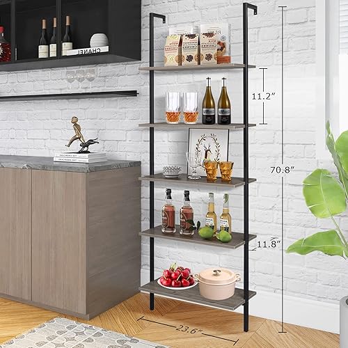 Miniatura 2 de Estantería de escalera de 5 niveles para montar en la pared, estantería de escalera con marco de metal y estante de madera, estantería de