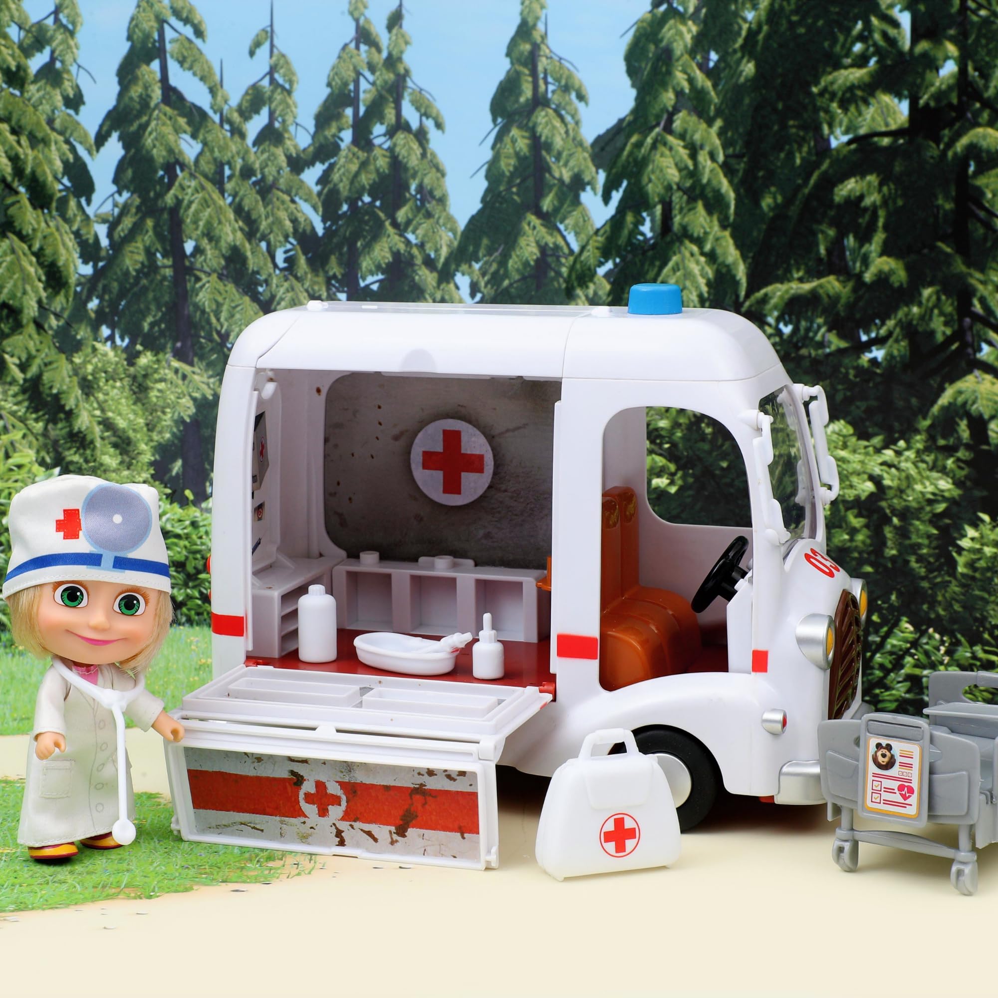 MASHA & THE BEAR - Ambulanza Di Masha E Orso, Veicolo Con Vano Apribile E Bambola Masha Dottoressa Da 12 Cm Inclusa, Ricca Di Accessori, Per Bambini e Bambine dai 3 anni