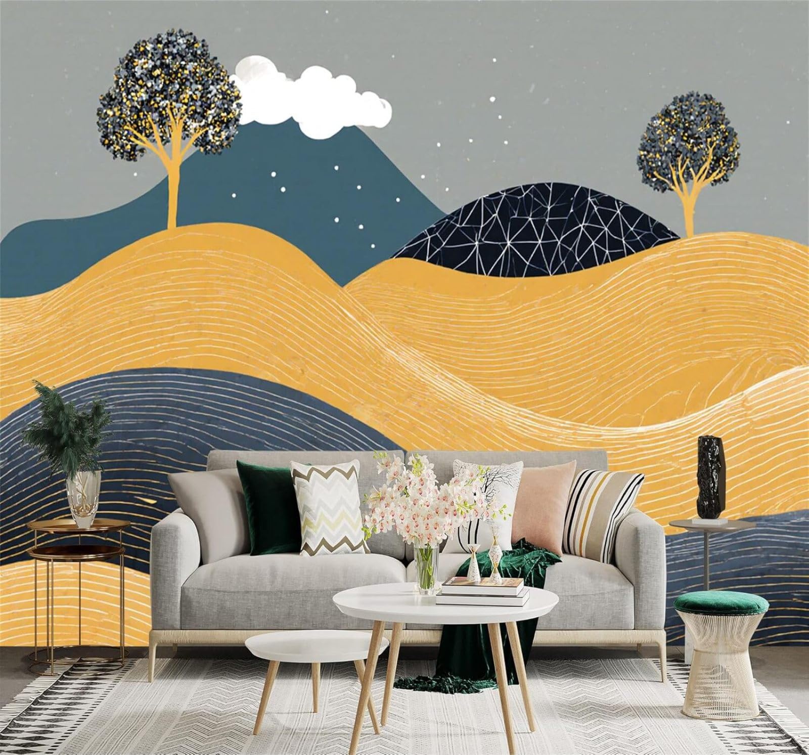 Tzxztt 350Cm×256Cm(B×H) Abstract Golden Hills Trees White Clouds Landscape Art Modern 3D Wallpaper Premium Textured Silk Neutral Tones Material Ideal For Living Room Bedroom-350Cm×256Cm