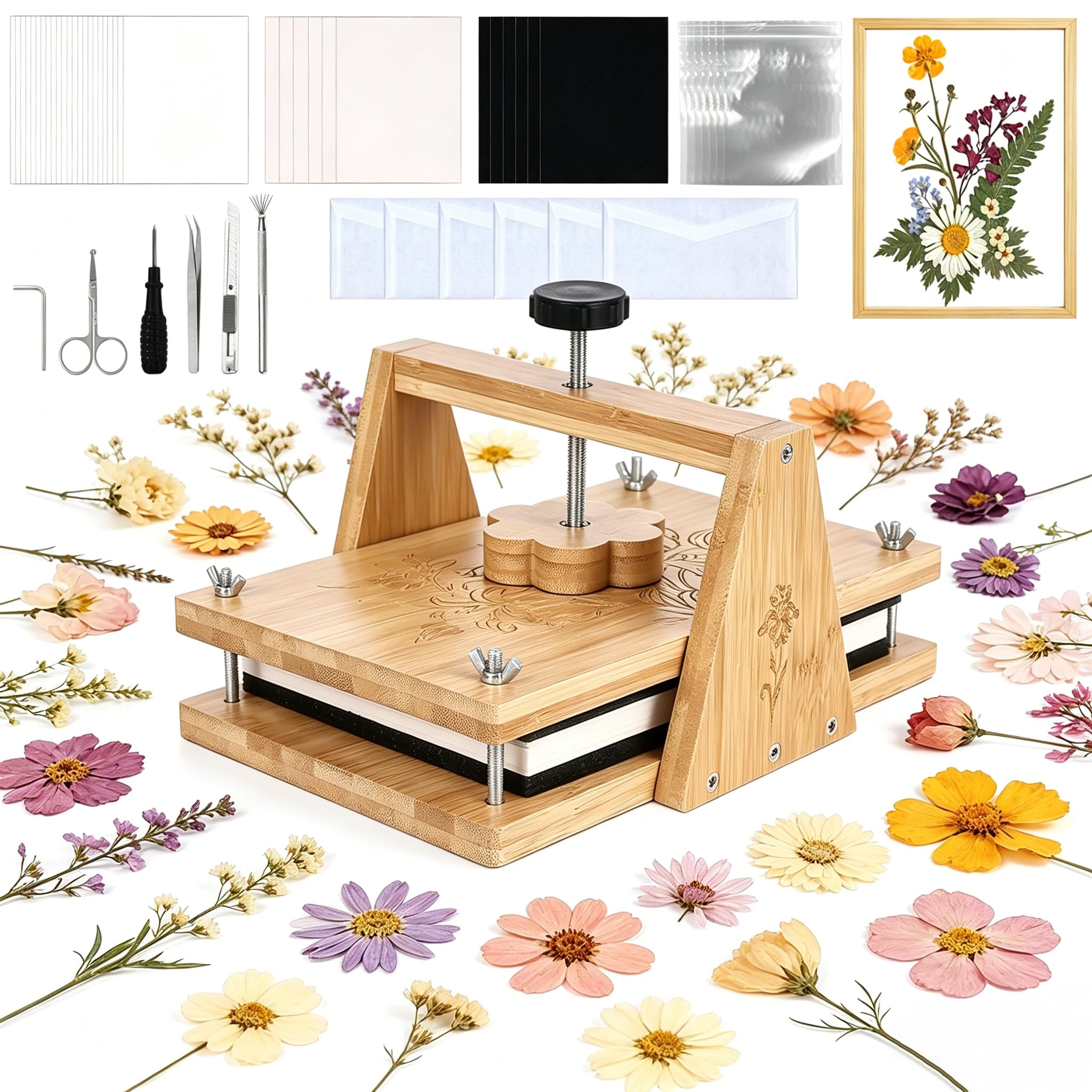 HomdMarket Großes Blumenpresse, Holzblumenpresse für Erwachsene Kinder 30×20cm DIY Pflanzenpresse mit Schwammplatte, Trocknungsplatte und anderen Werkzeugen, geeignet für Handwerksliebhaber