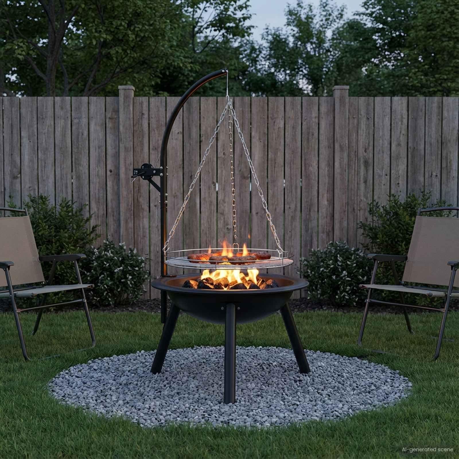 vidaXL Braciere con griglia di cottura regolabile diametro 55,5 x 107,5 cm Acciaio, camino rotondo moderno, griglia refrattaria, barbecue esterno, griglia a carbone con griglia di cottura