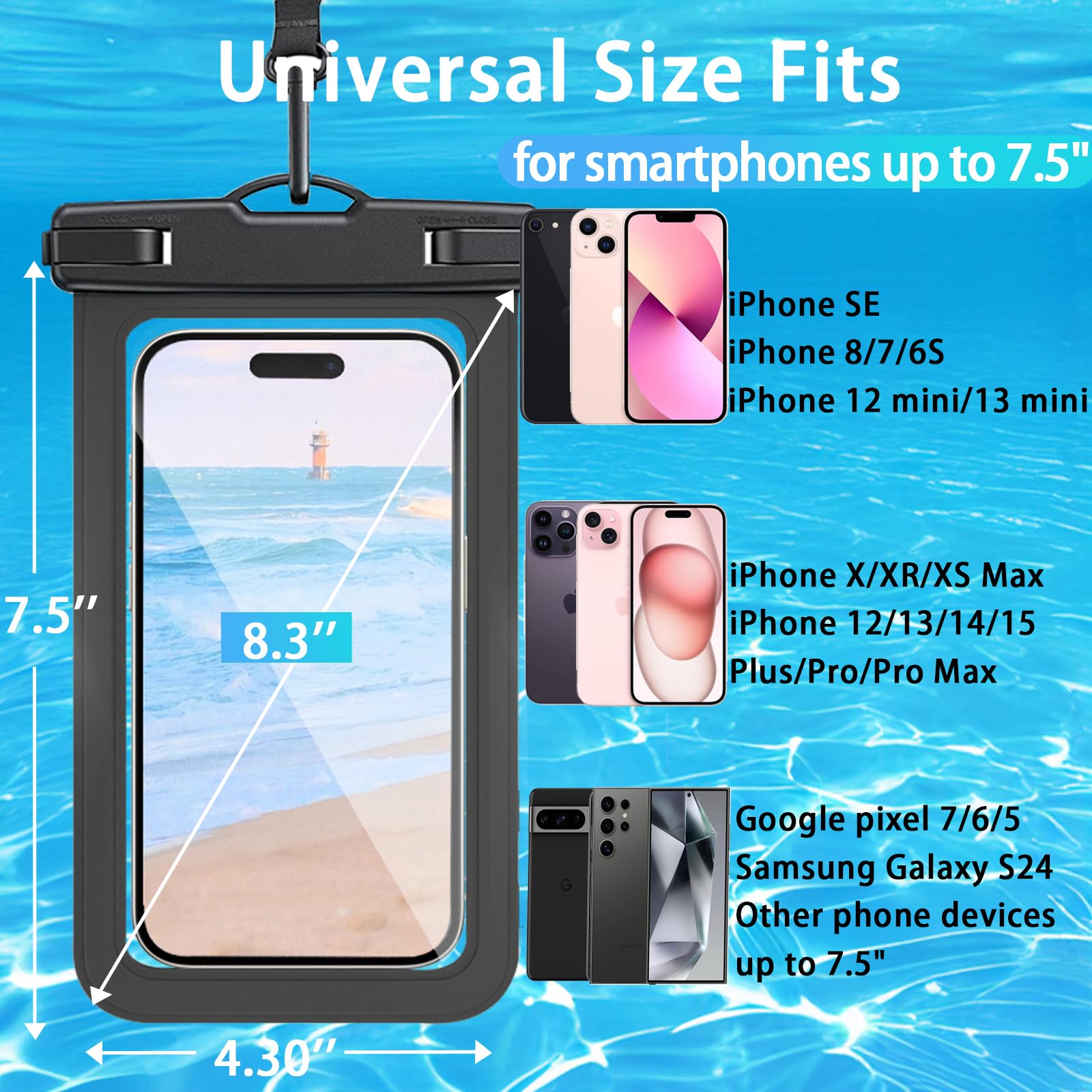Funda impermeable para teléfono, funda impermeable para teléfono con cordón ajustable, artículos esenciales para deportes acuáticos de playa, IPX8, bolsas secas universales a prueba de agua para