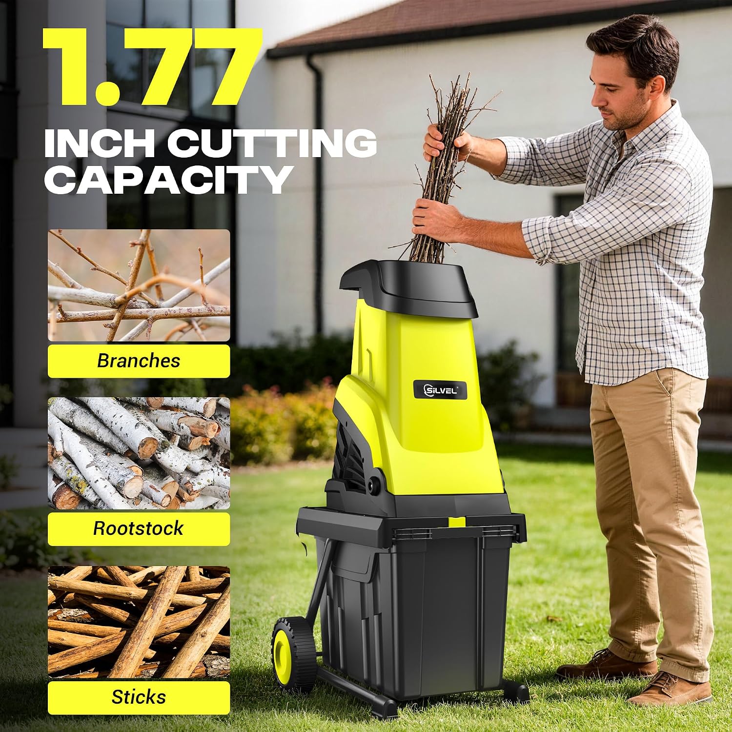 SILVEL Wood Chipper Shredder,1800W Cutting Diameter of 1.77 inch with 10 Gallon Large Collection Bin, 15-Amp Electric Wood Chipper Shredder for Fast Cleanup, Ideal for Branches, Garden Waste, Green
