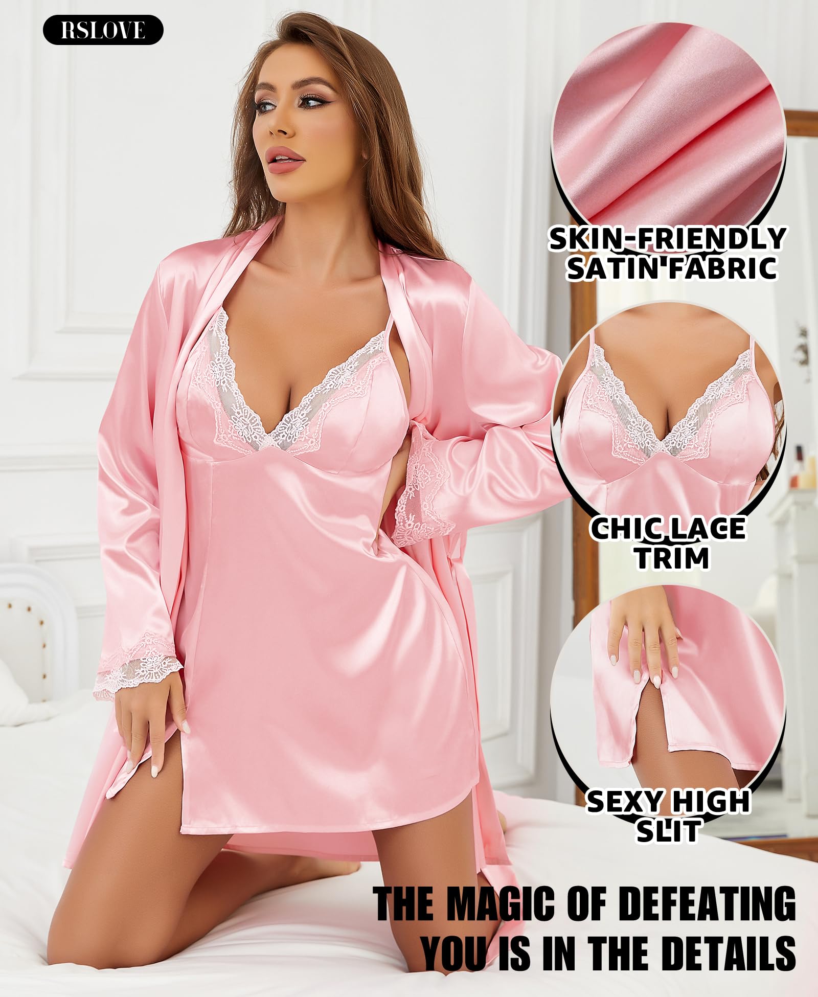 Conjunto de Camisola y Bata de satén: camisón de lencería de Encaje con Bata a Juego, Ropa de Dormir Sexy para Dama de Honor o Luna de Miel