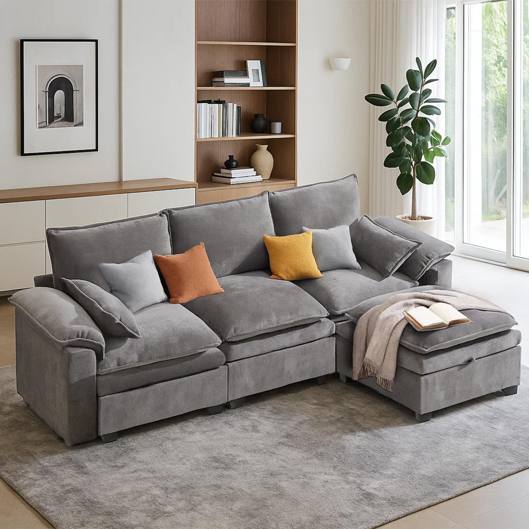 100 L Shaped Modular Sectional Sofa Couch with Ottoman Storage Chenille Cloud Couch with Plush Deep Seating for