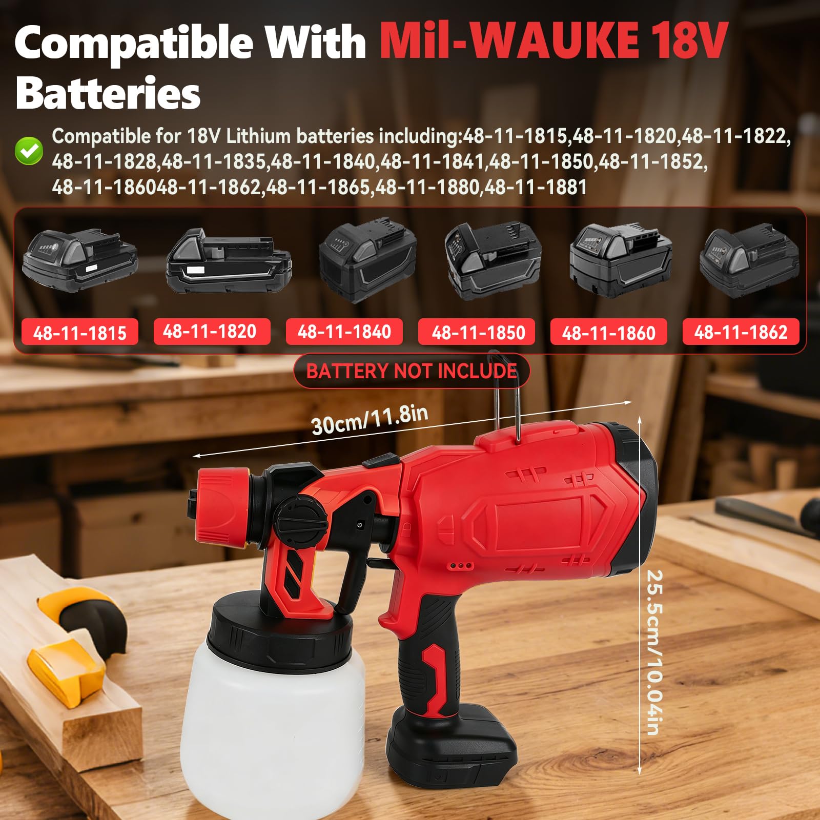 Spruzzatore di vernice senza fili compatibile con Milwaukee 18 V, pistola a spruzzo elettrica HVLP con 4 ugelli in rame e 3 motivi per pareti di recinzione, pittura fai da te della casa