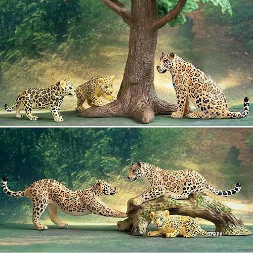Miniatura 9 de Toymany 4 figuras realistas de leopardo con cachorro de leopardo, figuras de plástico de 2 a 5 pulgadas, juego familiar incluye bebé, juguete