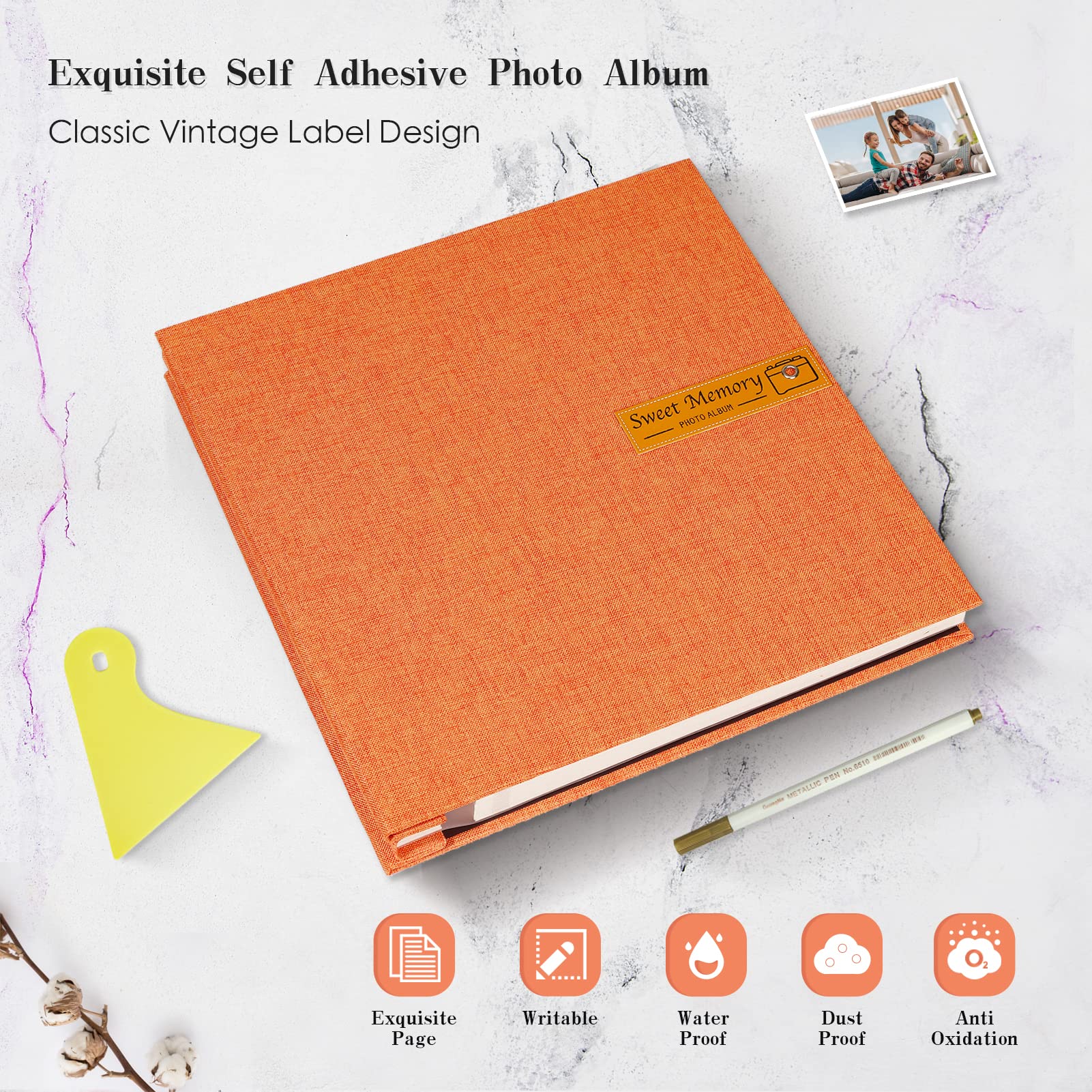 Duży album na zdjęcia, samoprzylepny, magnetyczny album do scrapbookingu, na zdjęcia 10 x 18 x 18 cm, 60 stron, lniana okładka, na ślub, rodzinę, dziecko, z metalicznym długopisem i płytką do