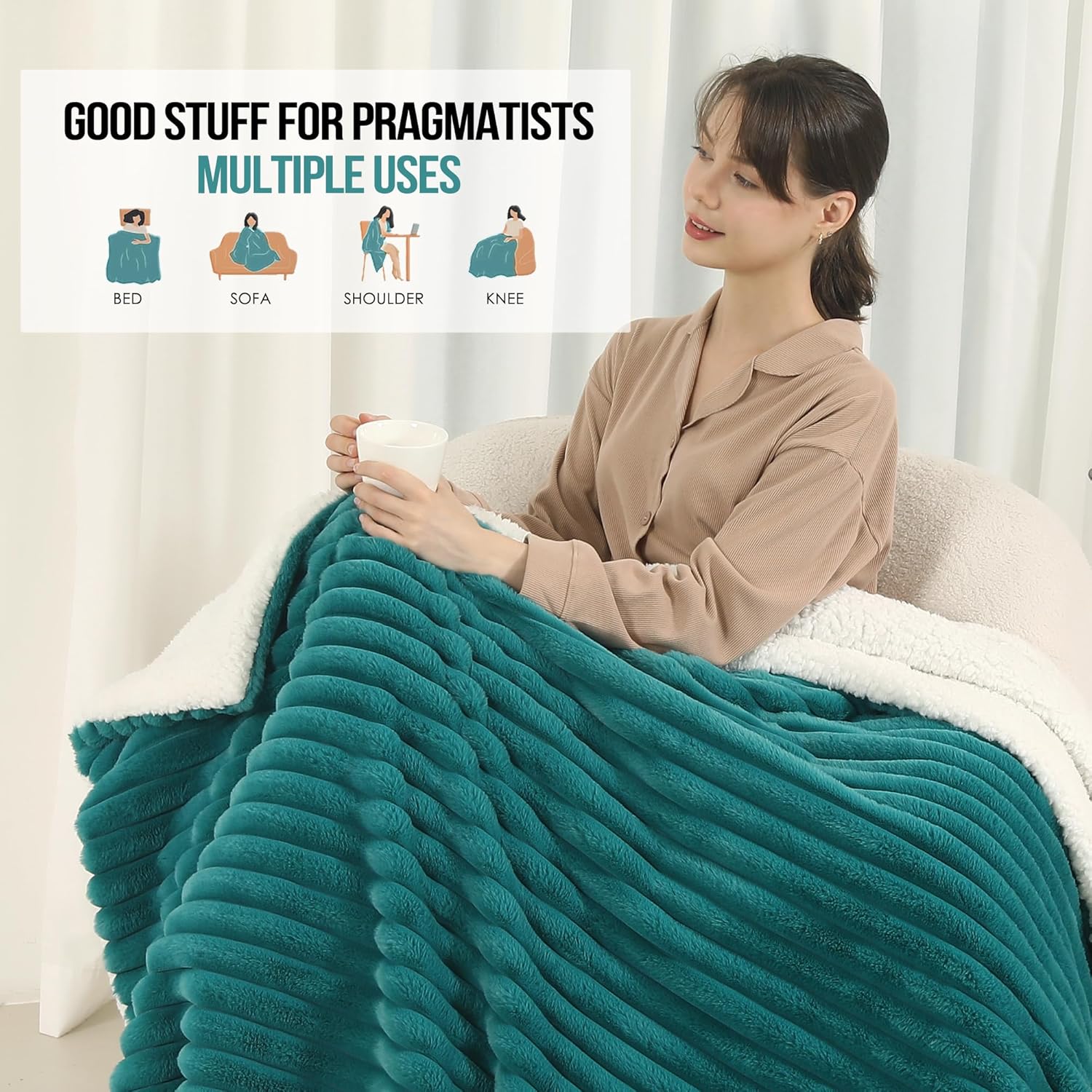 ESTINGO Heated Blanket Electric Throw 50''X60'', Ultra Soft 350GSM Luxury Faux Fur Plus 200GSM Sherpa, Upgraded Selected Cozy & Thick Fabric, 5 Heating Levels & 4H Auto Off, Peacock Blue - Image 5