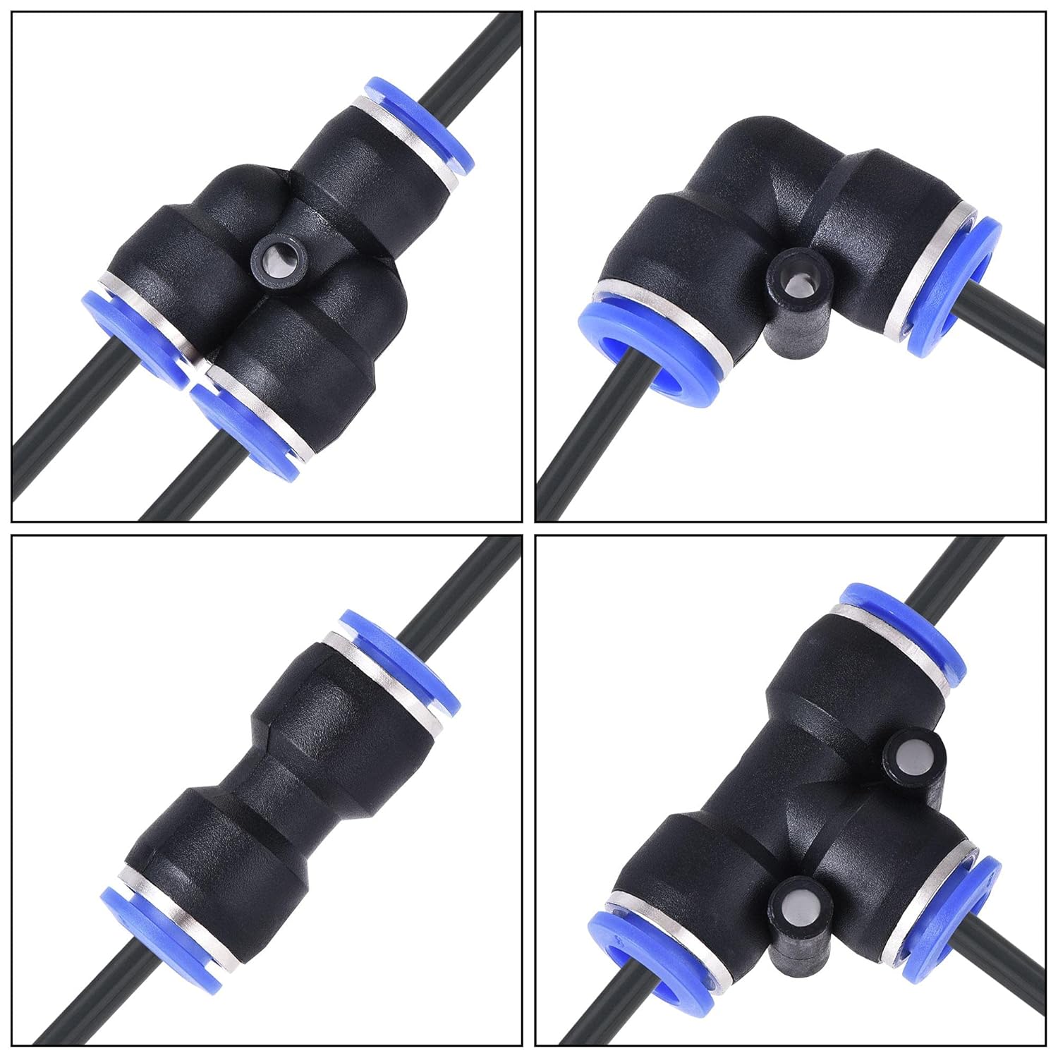 uxcell Pneumatic PU Tubing Kit 8mm OD 10M Black with 12 Pcs Push to Connect Fittings