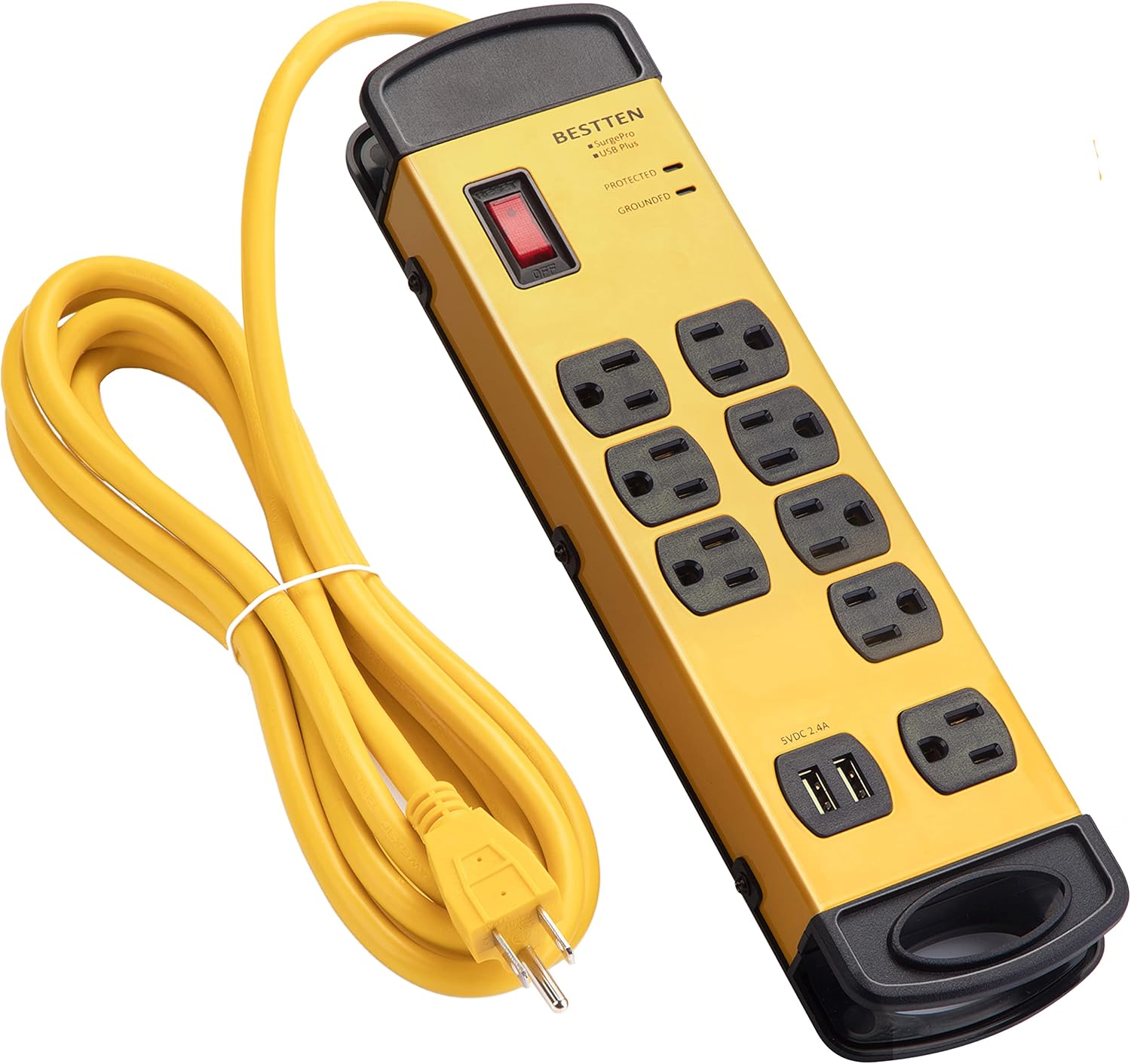 BESTTEN 1350-Joule Heavy Duty Metal Power Strip Surge Protector with 10-Foot Long Extension Cord, 8 Grounded Outlets and Dual USB Charging Ports, ETL Listed