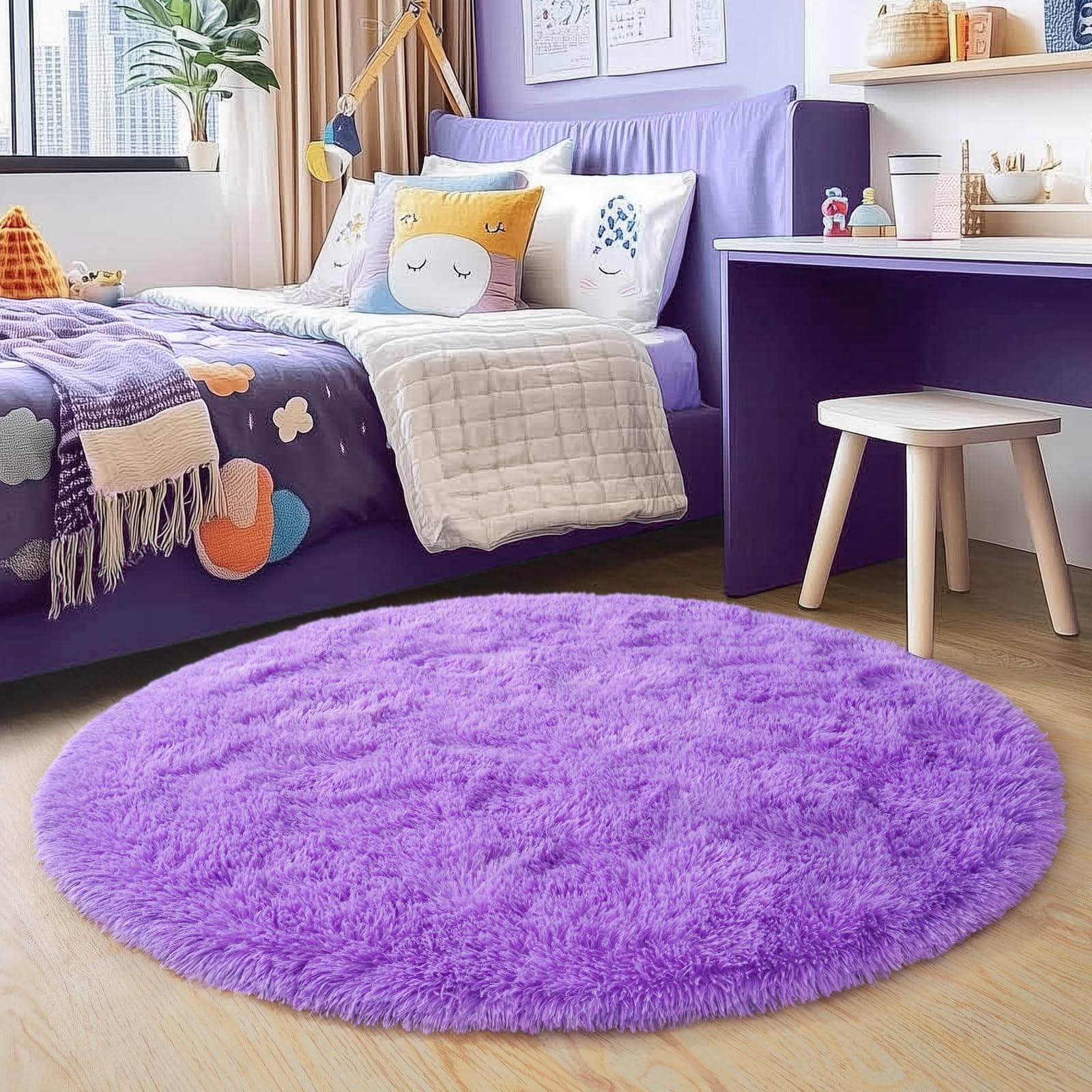 Quntue 4'x4' Purple Round Rug for Bedroom, Ultra Soft Fluffy Circle Rug for Kids Girls Boys Room, Cute Shag Rugs for Living Room Playroom Teen Room