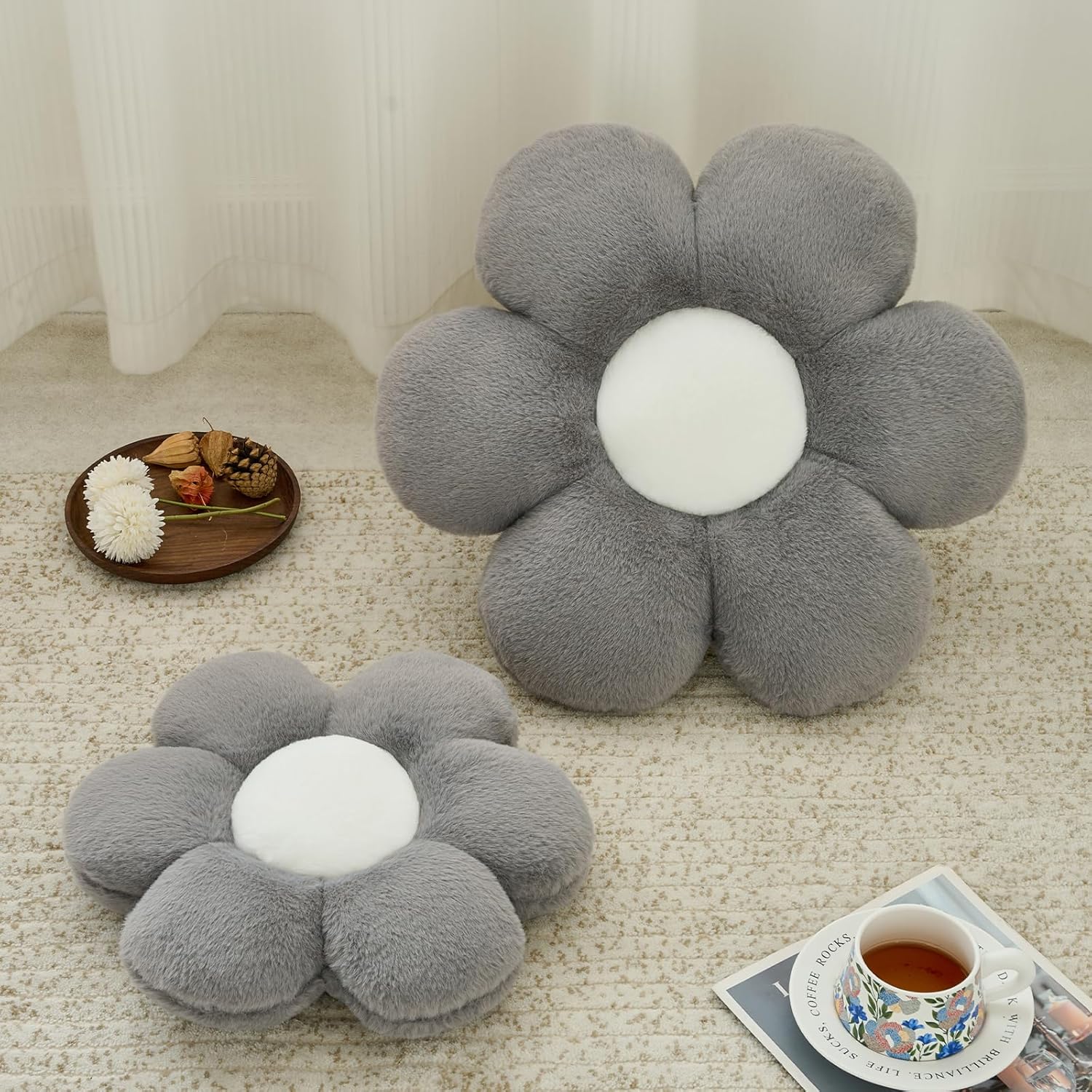 Flower Pillow, Decorative Throw Pillows for Couch Bed, Cute Daisy Home Decor Flower Shaped Pillows for Bedroom Living Room (Grey, 14.9 Inches) - Image 2