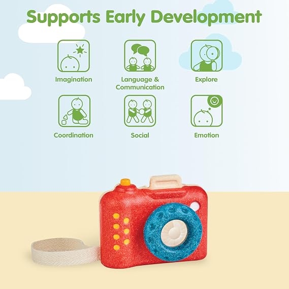 PlanToys My First Wooden Toy Camera for Toddlers | Kaleidoscope Lens & Clickable Shutter | Montessori-Inspired Pretend Play Camera | Eco-Friendly Sensory Toy for Kids Ages 18+ Months