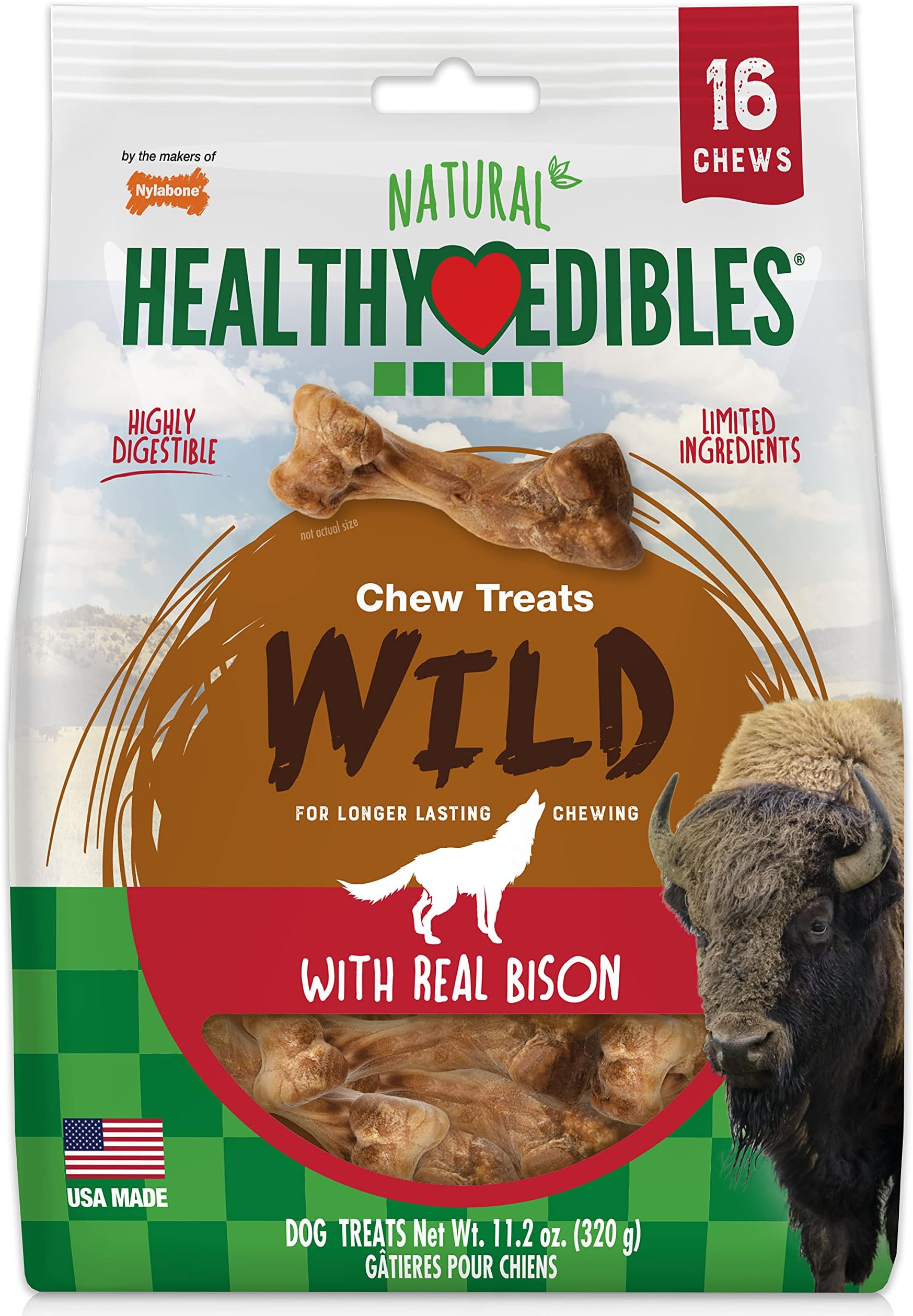 Nylabone Healthy Edibles WILD Natural Long-Lasting Dog Treats - Dog Bone Treats - Bison Flavor, Small (16 Count)