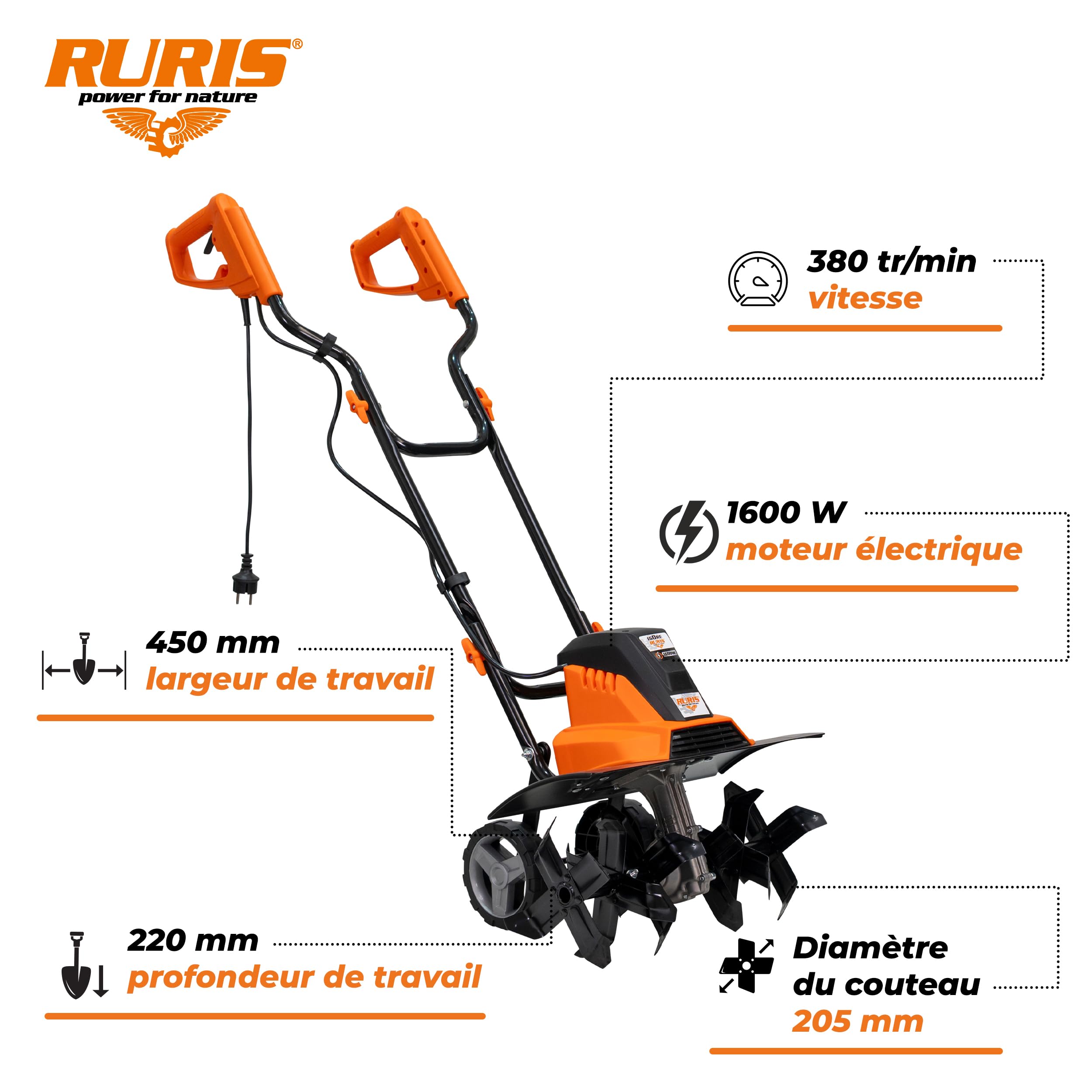 RURIS Motobineuse électrique 160RE - 1600W, Largeur 450 mm, Profondeur 220 mm, 24 Couteaux, Frein électronique, 2 Roues, légère et silencieuse, Orange