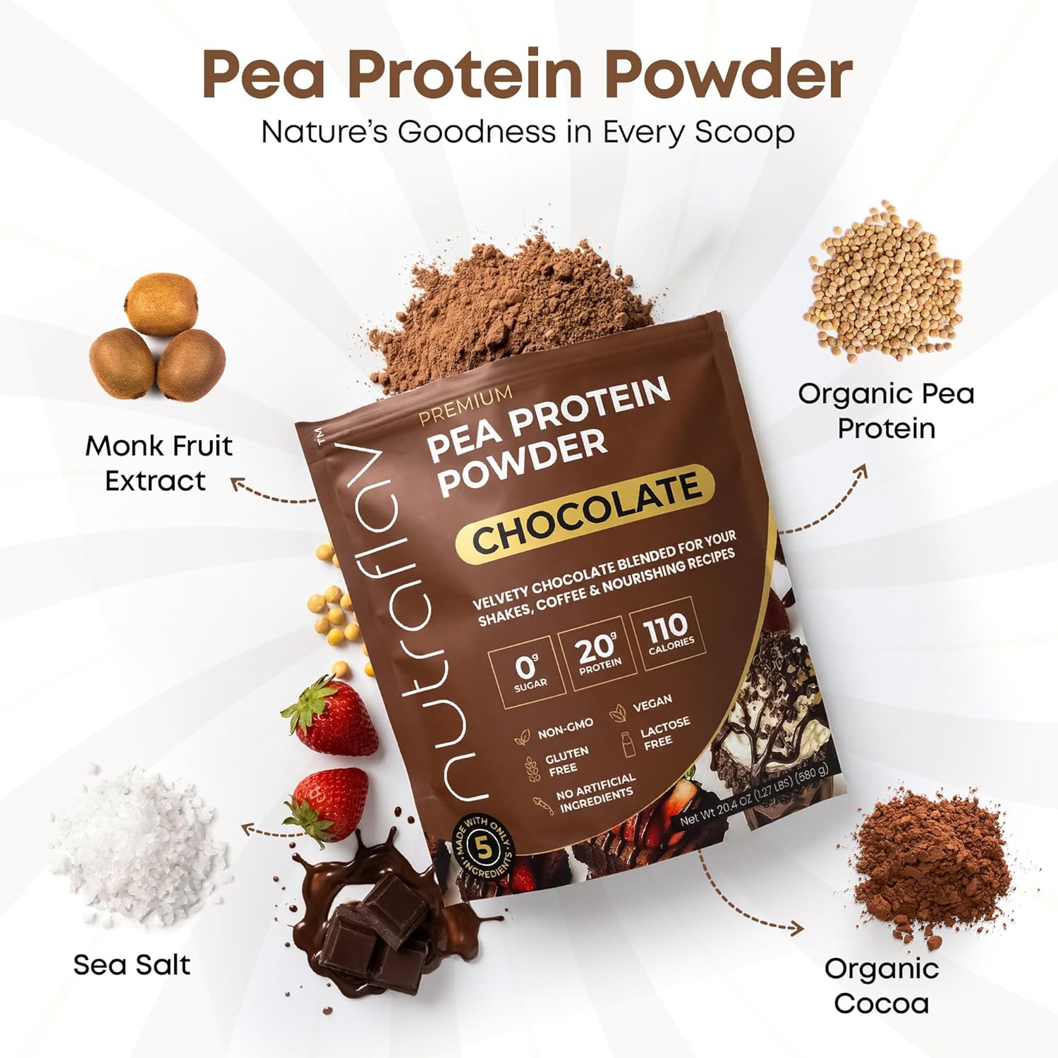 Pea Protein Powder for Muscle Building & Recovery - 20g Plant-Based Vegan Protein Powder Per Serving with 5 Ingredients - Iron-Rich, Easy to Digest, No Aftertaste - 20.4oz, Chocolate Flavor - Image 4