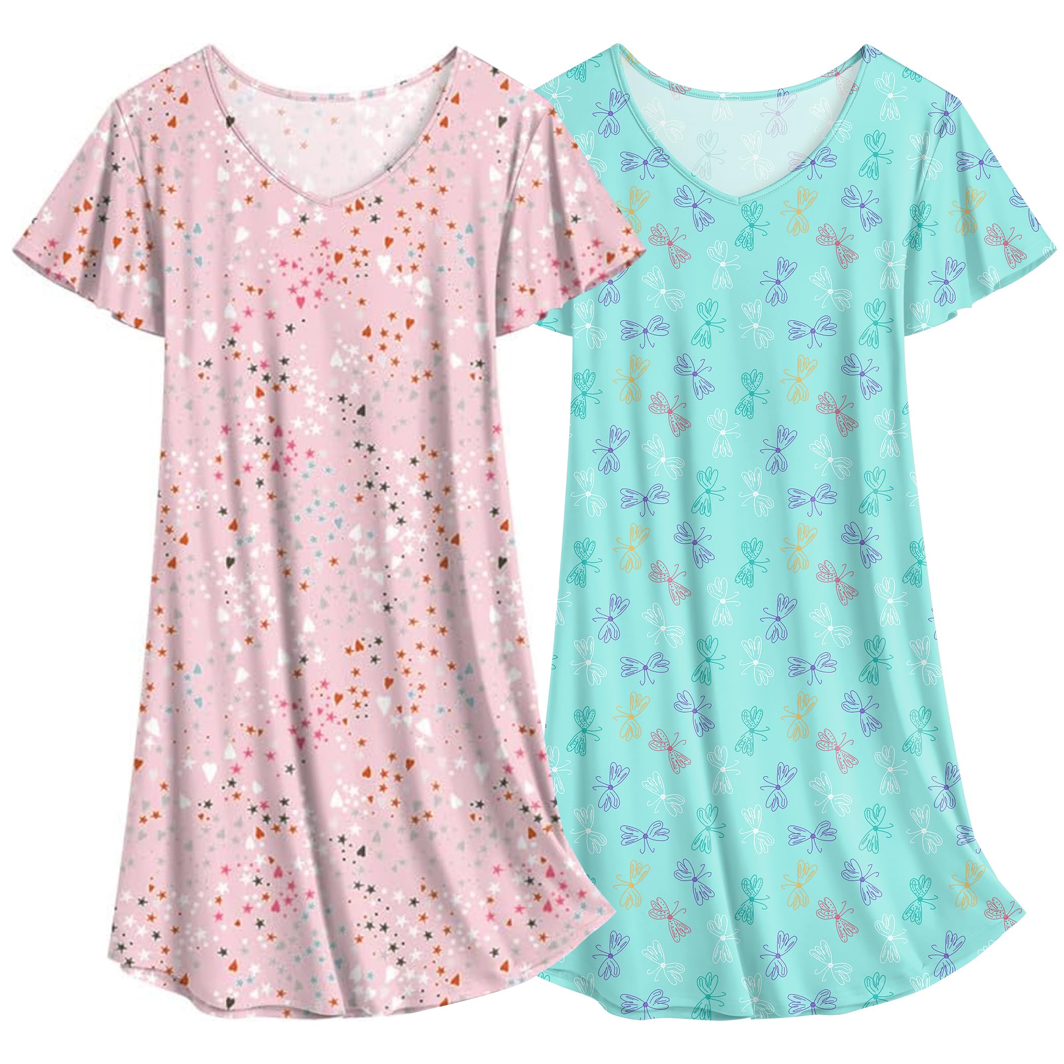 Ekouaer Camisón de Mujer de Manga Corta, Paquete de 2 Piezas, Lindos Camisones de Verano Estampados S-XXL