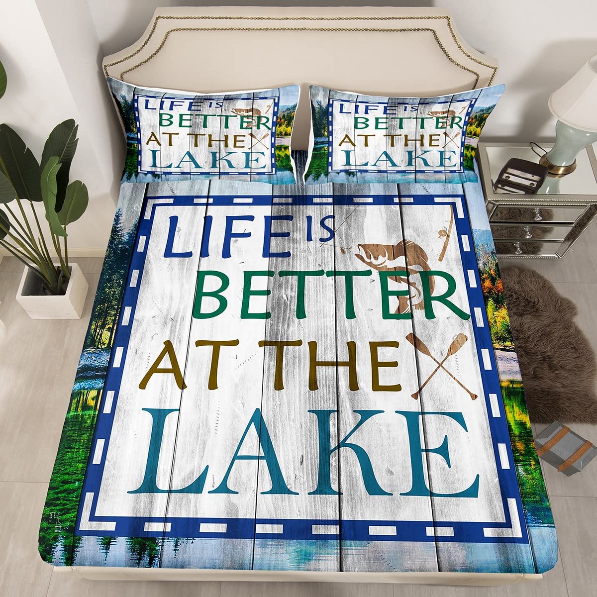 Lake Fishing Bedding Set Queen For Boys Adults Men,Rustic Farmhouse Wooden Board Sheet Set Life Is Better At The Lake Bed Sheets Country Beach Fitted Sheet Blue Green Flat Sheet + 2 Pillow Cases