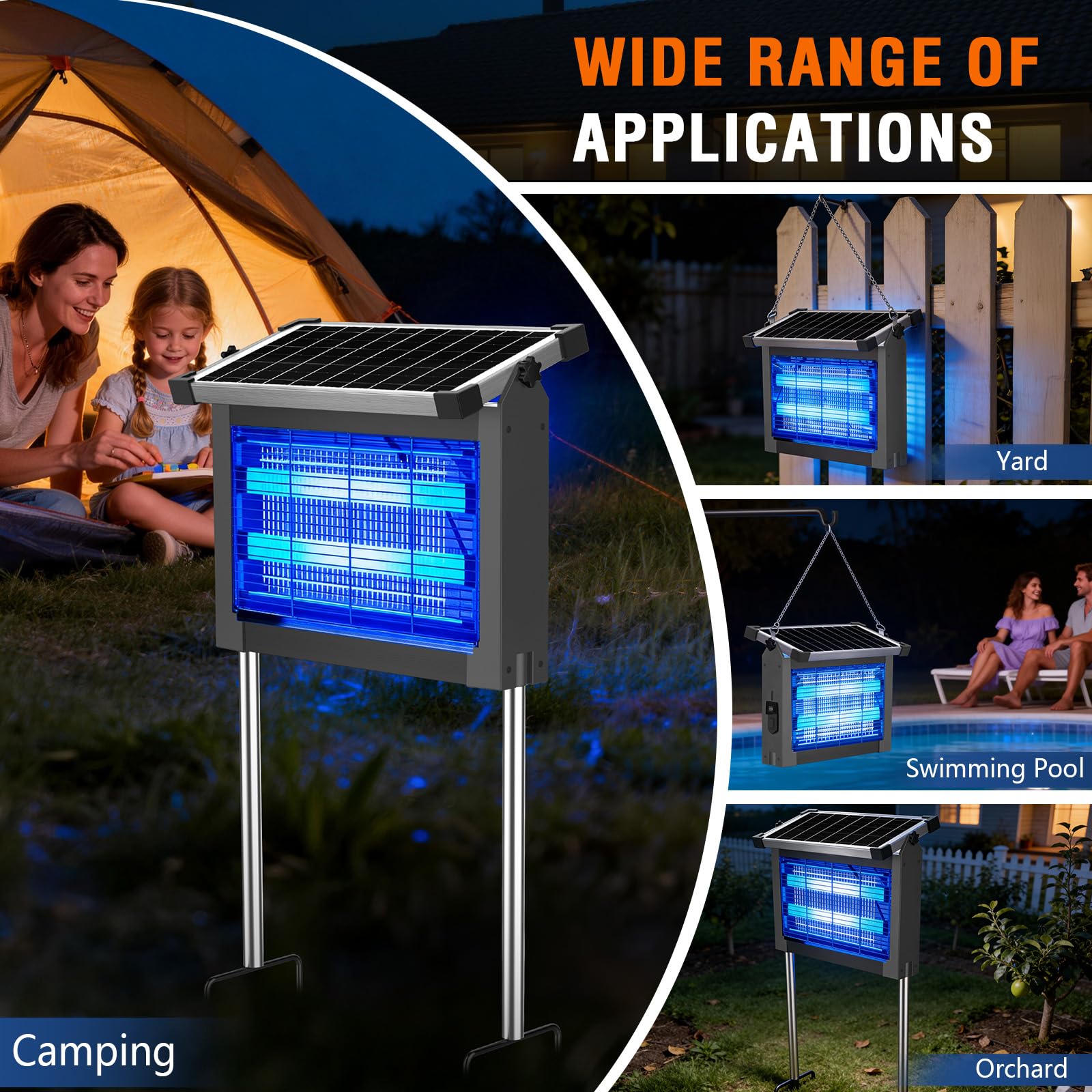 Solar Bug Zapper Outdoor, 4500V Wiederaufladbarer Wasserdichter Mückenvernichter mit Solarpanel Sensor, Elektrische Fliegenfalle, 3.0 m Kabel, Kabelloser Insektenvernichter für Terrasse Hof