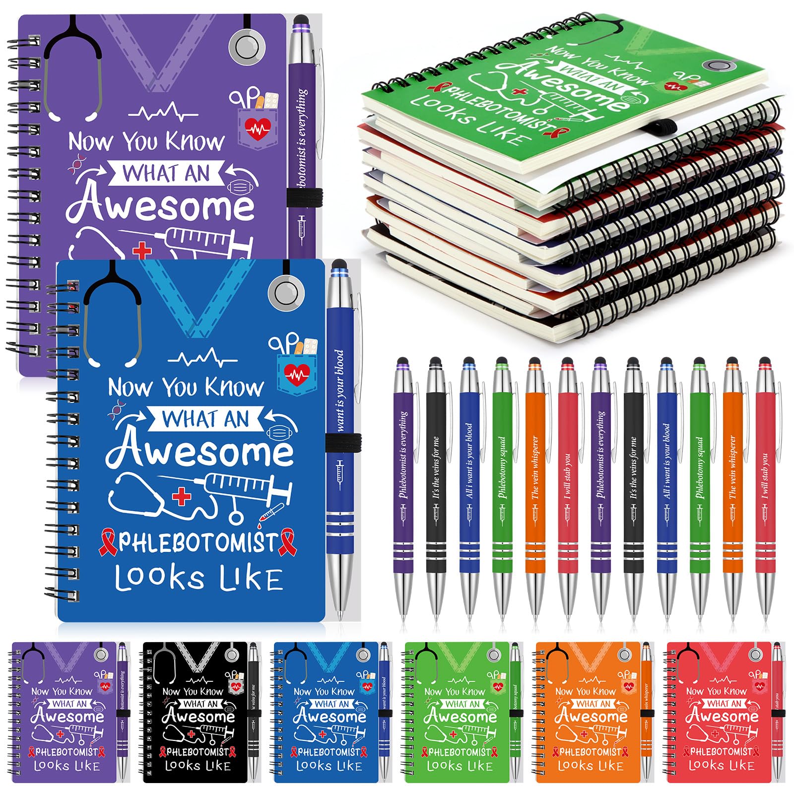 12 Sets Phlebotomist Week Gifts Phlebotomy Pens with Notebooks Inspirational Spiral Notebook Journal Ballpoint Pen Bulk Thank You Gifts for Nurse Coworkers Nursing Staff Student Medical Assistant