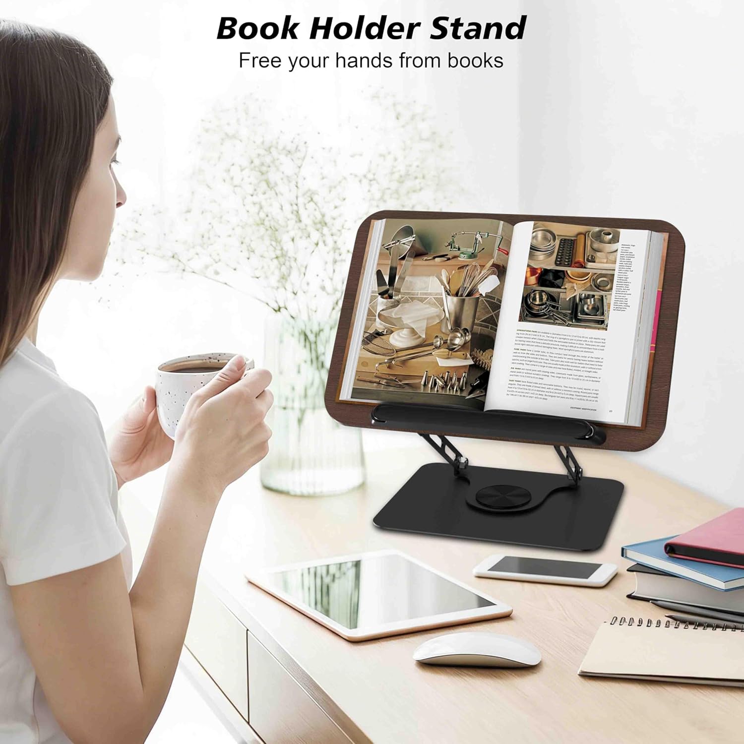 2 in 1 Book Holders for Reading Hands Free, Floor and Desktop Adjustable Book Stand with Page Clips for Music, Laptop, Cookbook, Projector