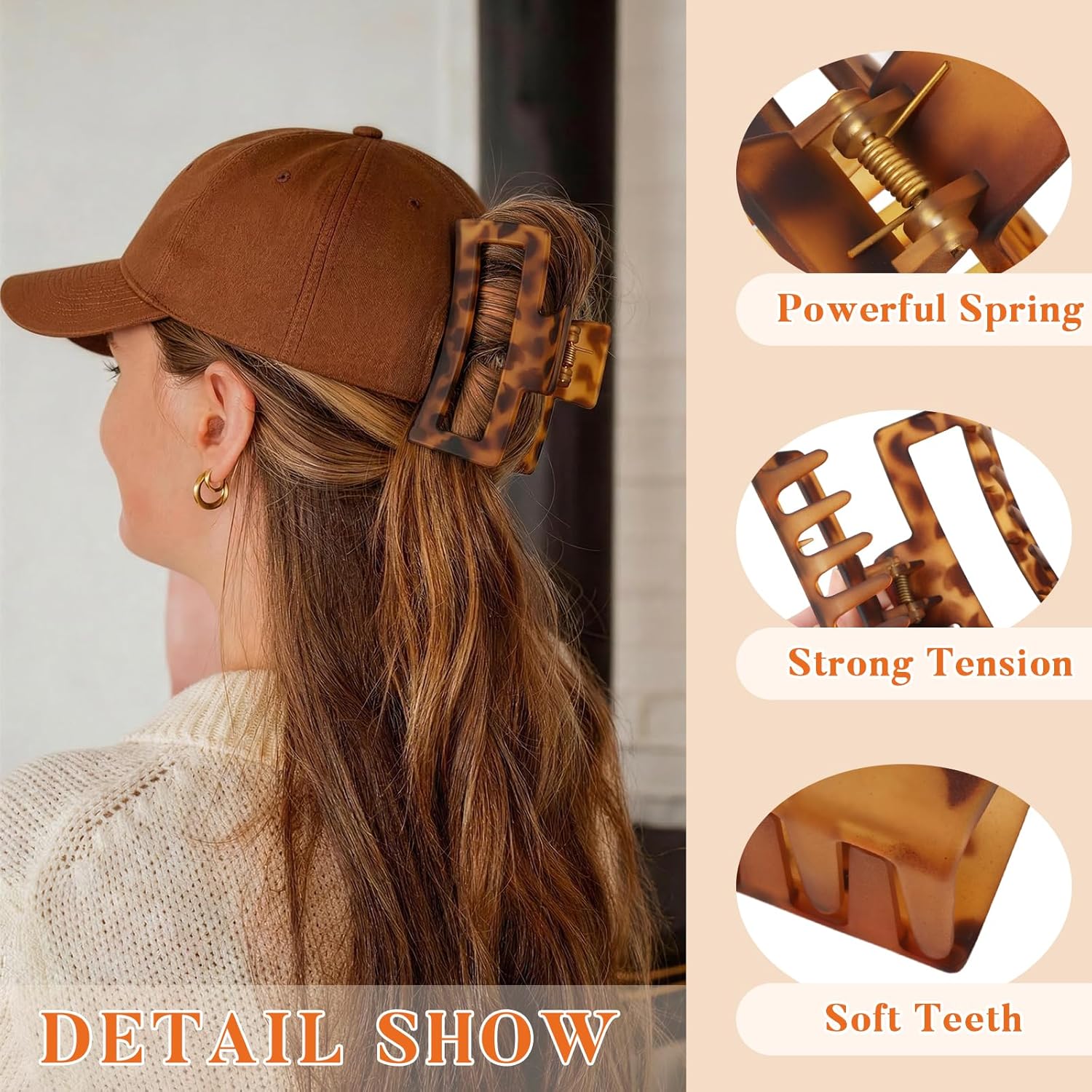 Auseibeely 4 Pack 5 Inch Extra Large Claw Clips for Thick Hair, Jumbo Tortoise Shell Claw Clip for Hat, Big Square Hair Clips for Thick/Long/Curly Hair, Non-slip Baseball Jaw Accessories