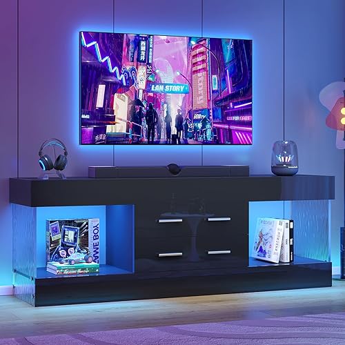 Miniatura 5 de Bestier Moderno soporte de TV de 60 pulgadas para TV de 65/60/55+, centro de entretenimiento negro brillante con 2 cajones y luces LED, paneles