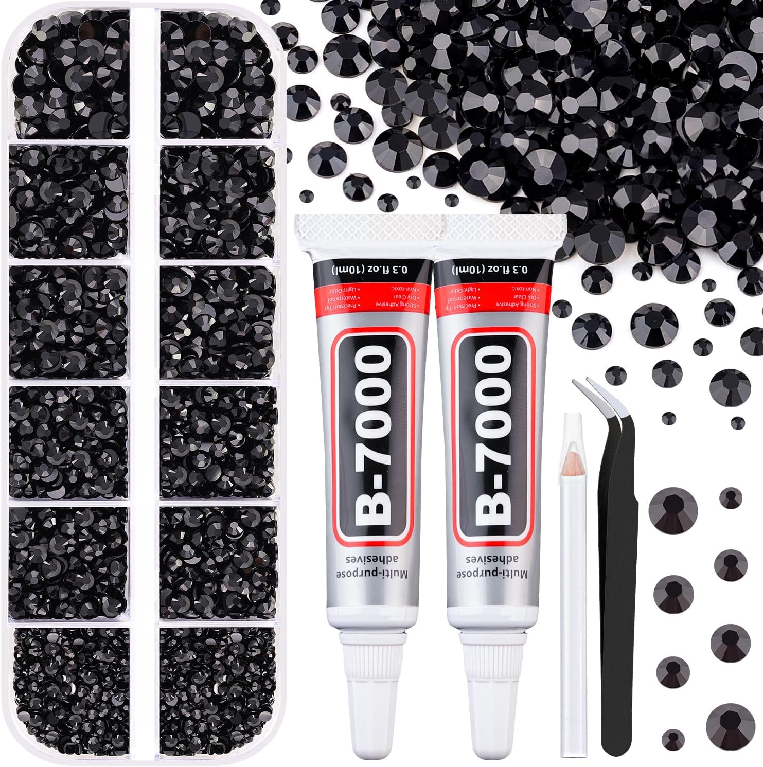 6100Pcs Resin Rhinestones for Crafting with 2Pcs 10ml B7000 Jewelry Glue, 1 Box Flatback Crystals Diamond (Black) for Bedazzling Crafts DIY Nail Art Non Hotfix Gems for Clothing Shoes Tumblers