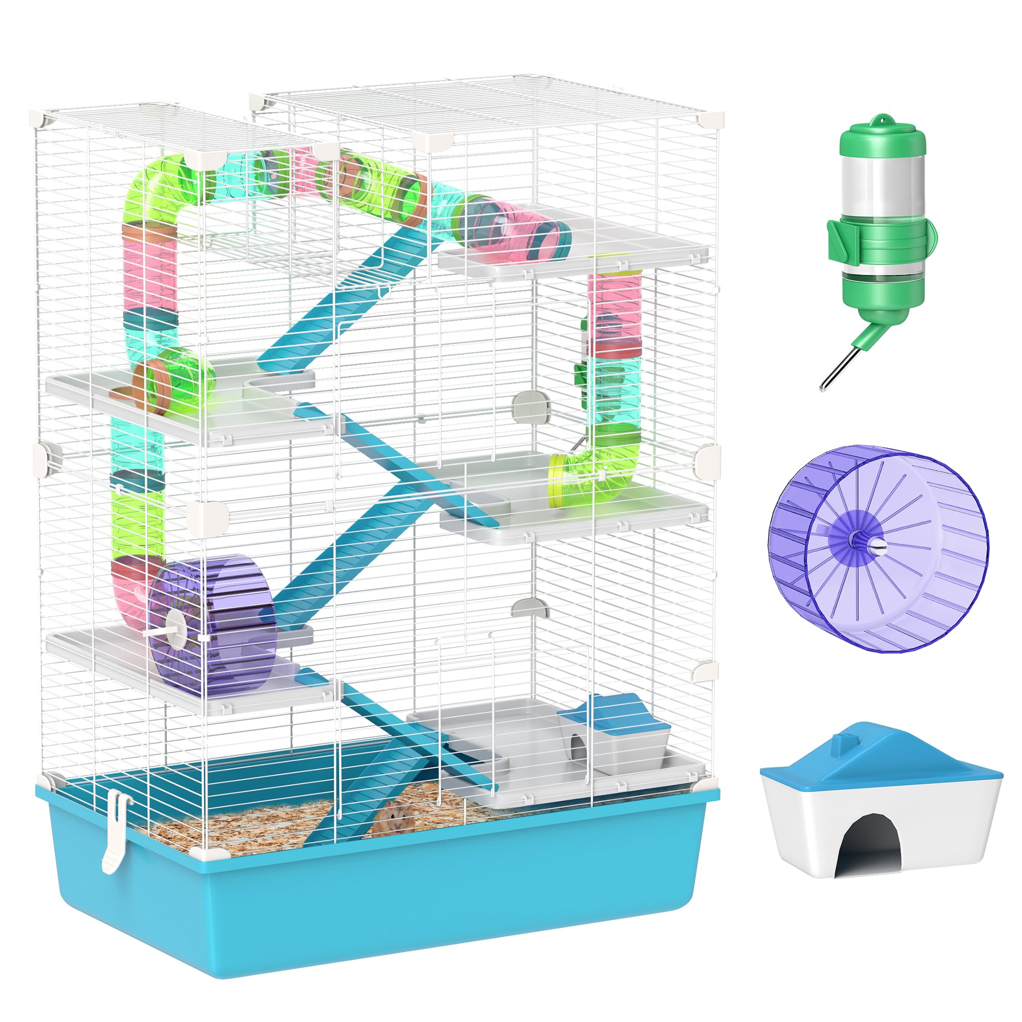 PawHut Gabbia per Criceti a 6 Livelli con Tubi, Casetta, Bottiglia d'acqua, Rampe, Ciotola, Piattaforme, 2 Porte e Ruota, Gabbietta per Roditori e Gerbilli, in Metallo, PP e PS, 58x36x81 cm, Azzurro