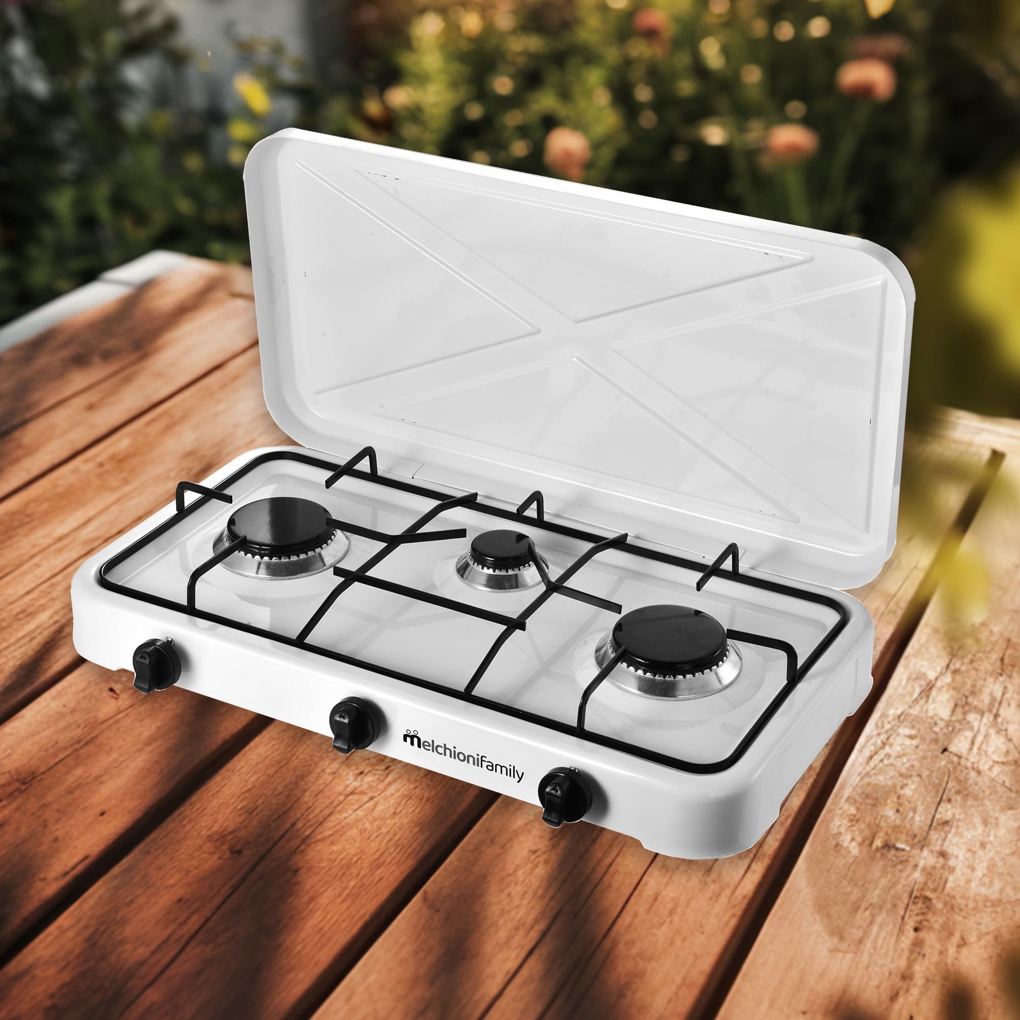 Fornello da Campeggio Melchioni Family, 3 Fuochi Portatile, Regolazione della Fiamma, Utilizzo Esterno, Design Compatto e Pulizia Semplice, 5.66 KW