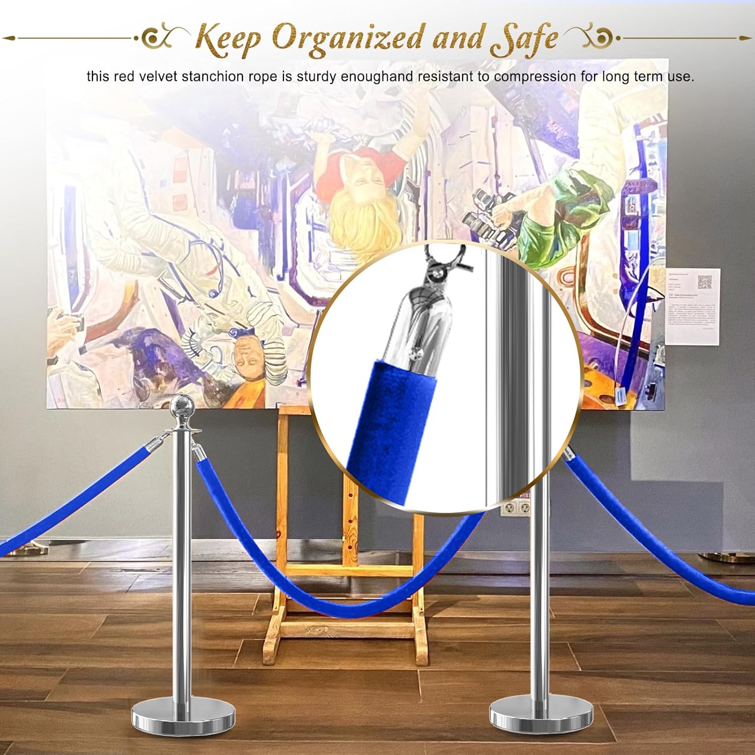 6PCS Blue Velvet Stanchion Rope 5 Ft Crowd Control Ropes Barrier with Silver Hooks for Party