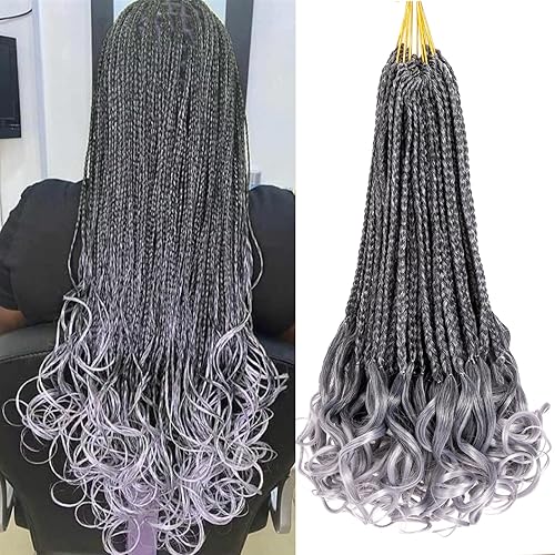 9 paquetes de trenzas de ganchillo rizadas francesas de color gris degradado de 14 pulgadas, trenzas de caja de diosa con extremos rizados, pelo