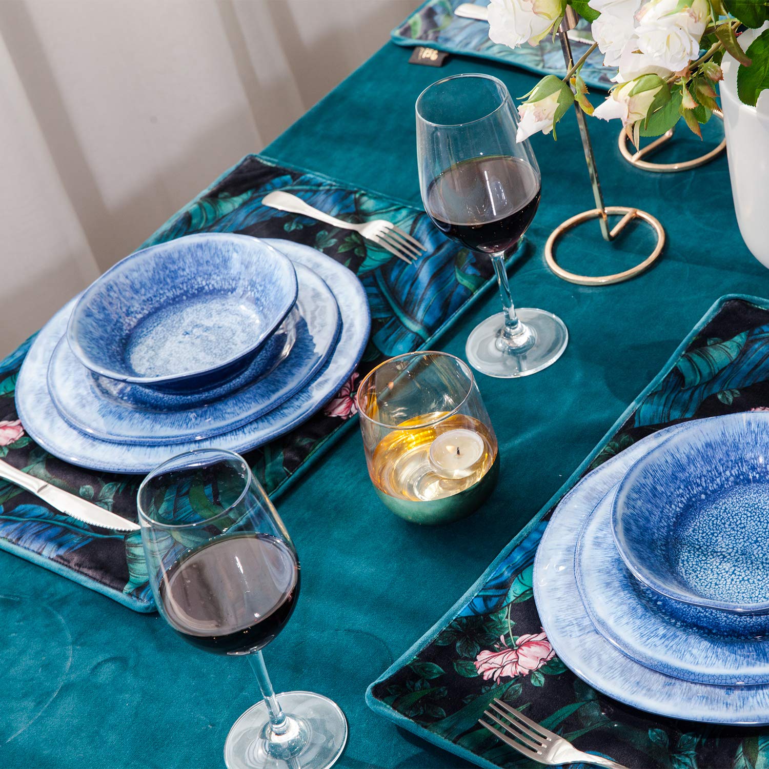 Topmela 12 Pcs Blue Melamine Dinnerware Set, Shatterproof and