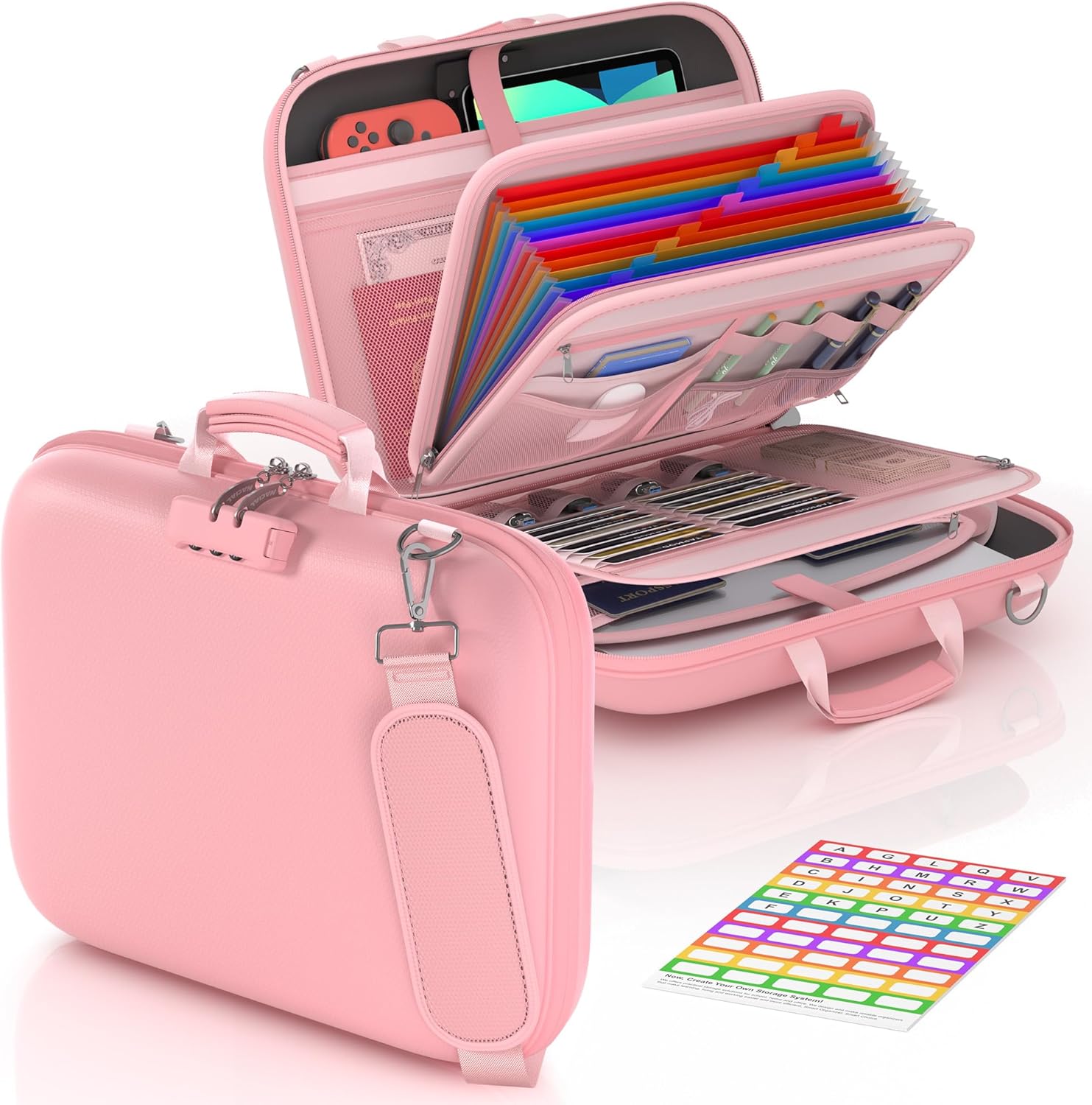 Nacial Fireproof Document Box with Lock & Shoulder Strap, Hard-Shell Fireproof File Organizer with 13 Pocket Accordion File Folder, Portable Safe Storage for Important Documents, Laptop, Pink