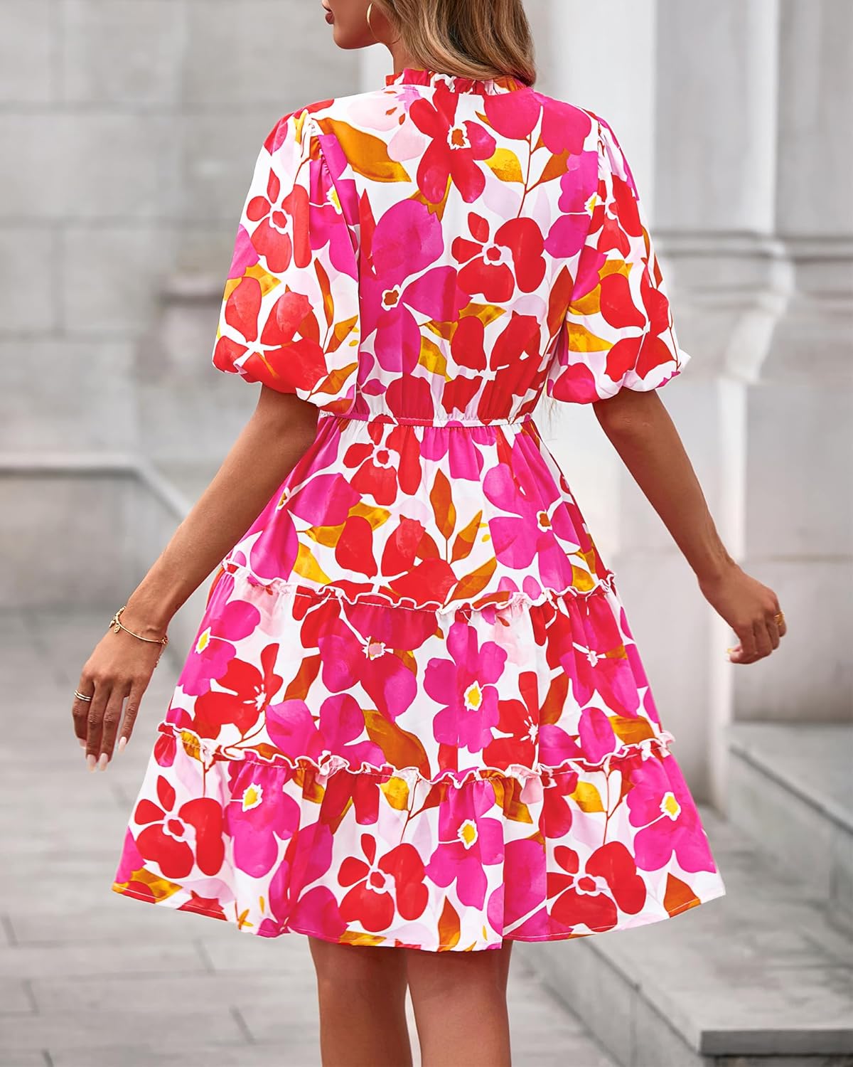 BTFBM Women Summer Floral Short Dresses V Neck Short Sleeve Tiered Ruffle Boho Swing Dress A-Line Mini Dresses - Image 3