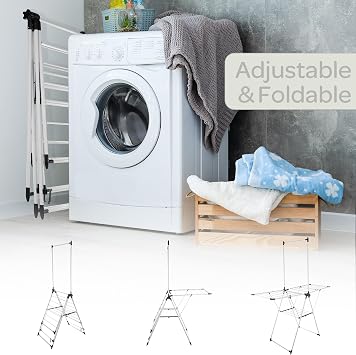 Home-Complete Clothes Drying Rack - 2-Level Laundry Drying Rack with 24 Drying Rails, Hanging Bar, and 2 Height-Adjustable Wings - Indoor/Outdoor Foldable Drying Rack (White)