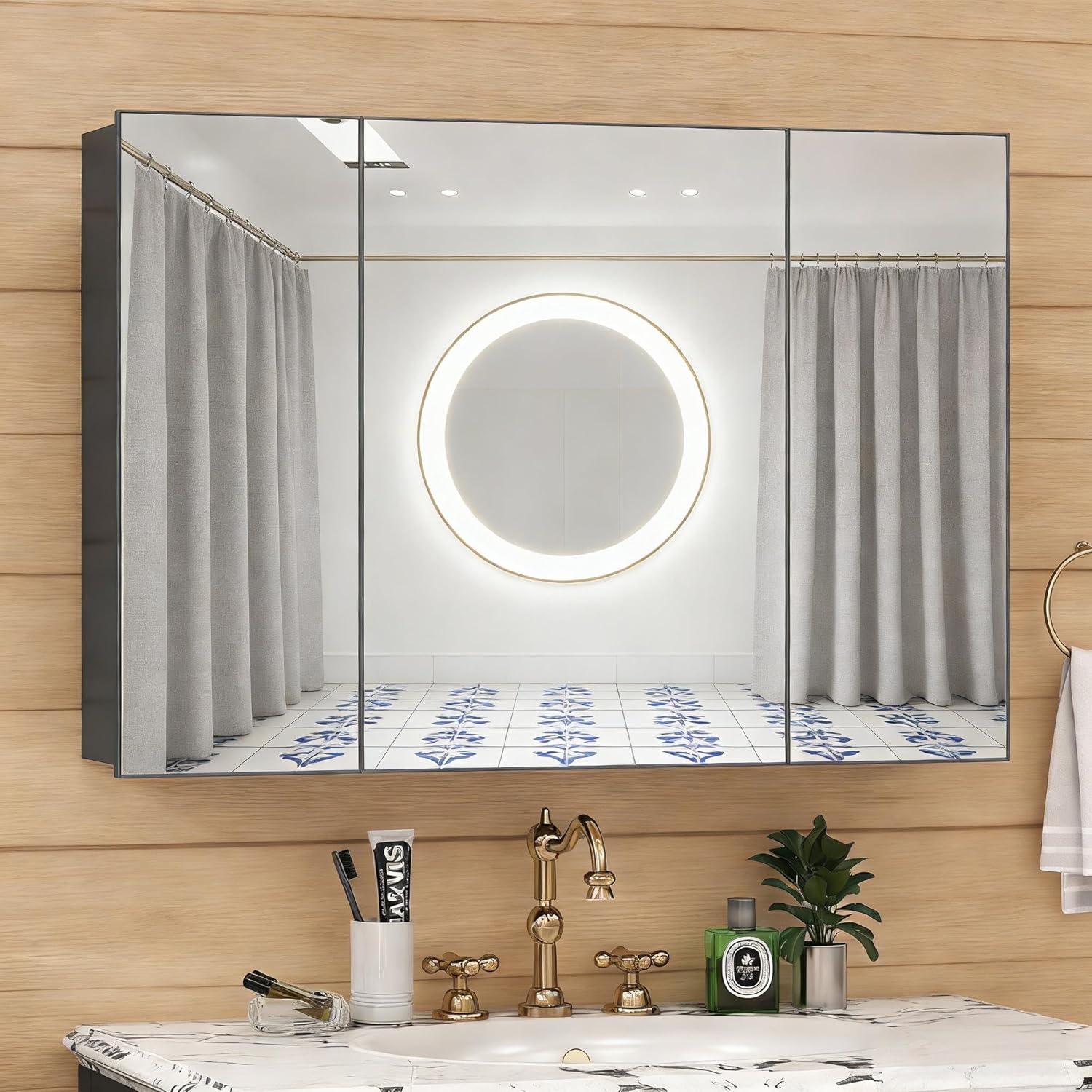 28x40 Inch Bathroom Medicine Cabinet with Mirror, Pre-Assembled Bathroom Medicine Cabinets, Surface/Recessed Wall Mounted Farmhouse Large Medicine Cabinet, Black