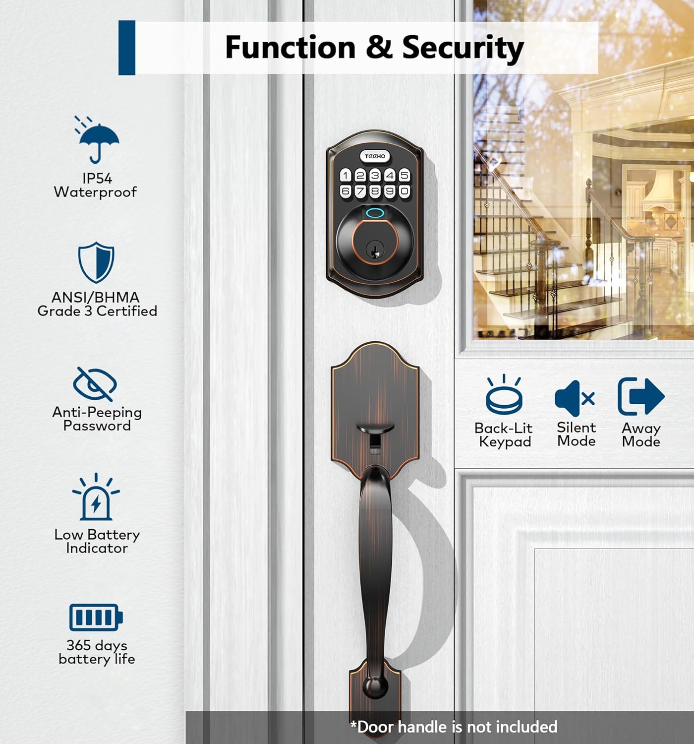 TEEHO TE002 Fingerprint Door Lock - Keyless Entry Electronic Keypad Deadbolt with 2 Backup Keys - Auto Lock - Easy Installation - Smart Locks for Front Door - Oil-Rubbed Bronze