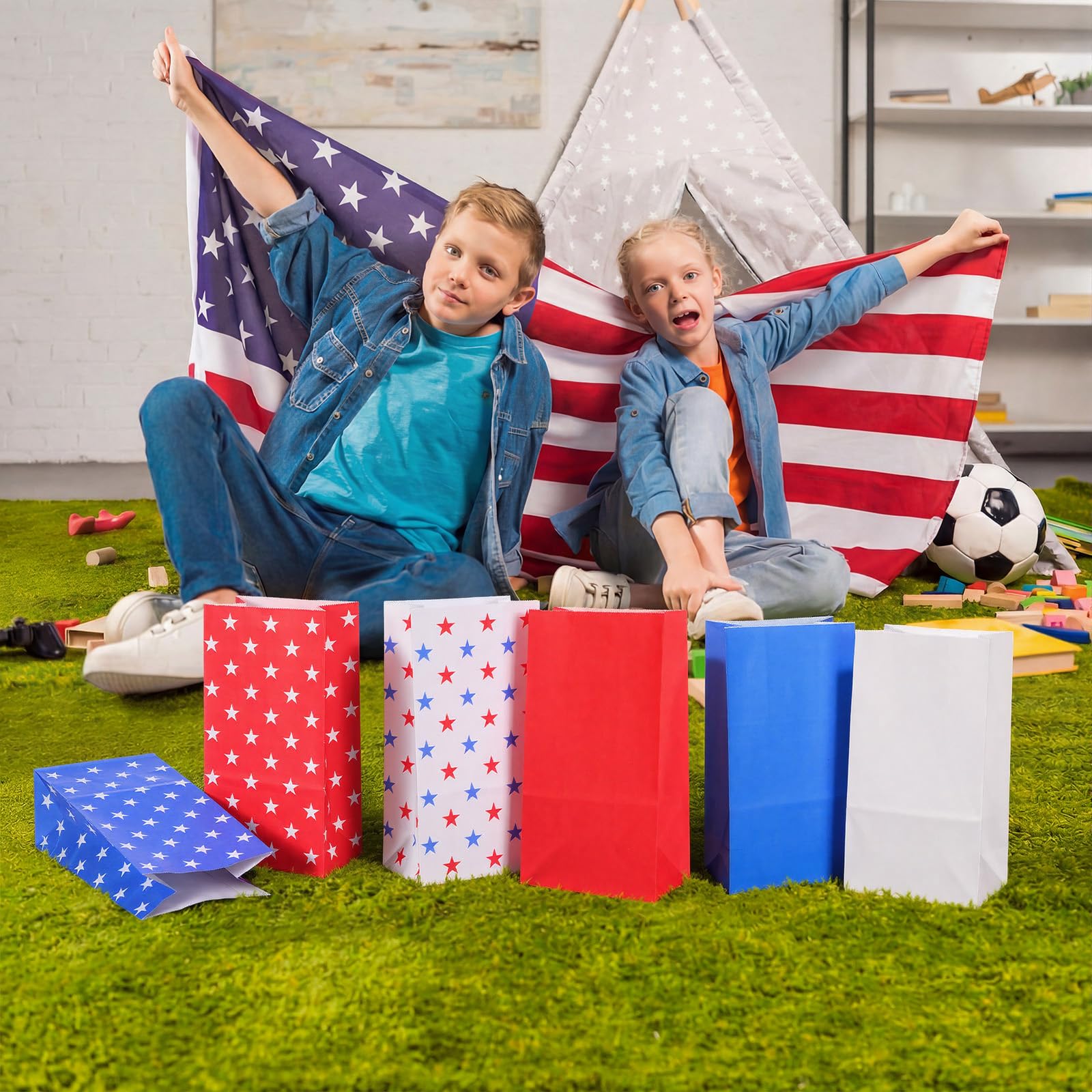 Sweetude 72 Pack Patriotic Treat Bags 4th of July Candy Bags American Flags Party Favor Bag Red White Blue Paper Gift Bag for Patriotic Party Favors Independence Day Supplies Memorial Gift Wrap