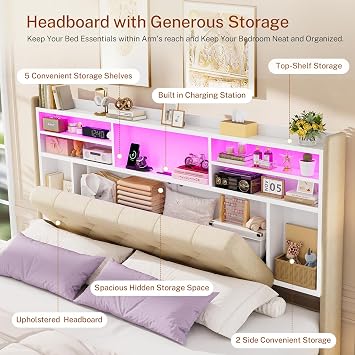 TEENFON Queen Bed Frame with Headboard and 2 Drawers Storage, Bed Frame Queen Size Built in LED Lights and Charging Station, Sturdy & Noise-Free Upholstered Platform Metal Bed, Beige