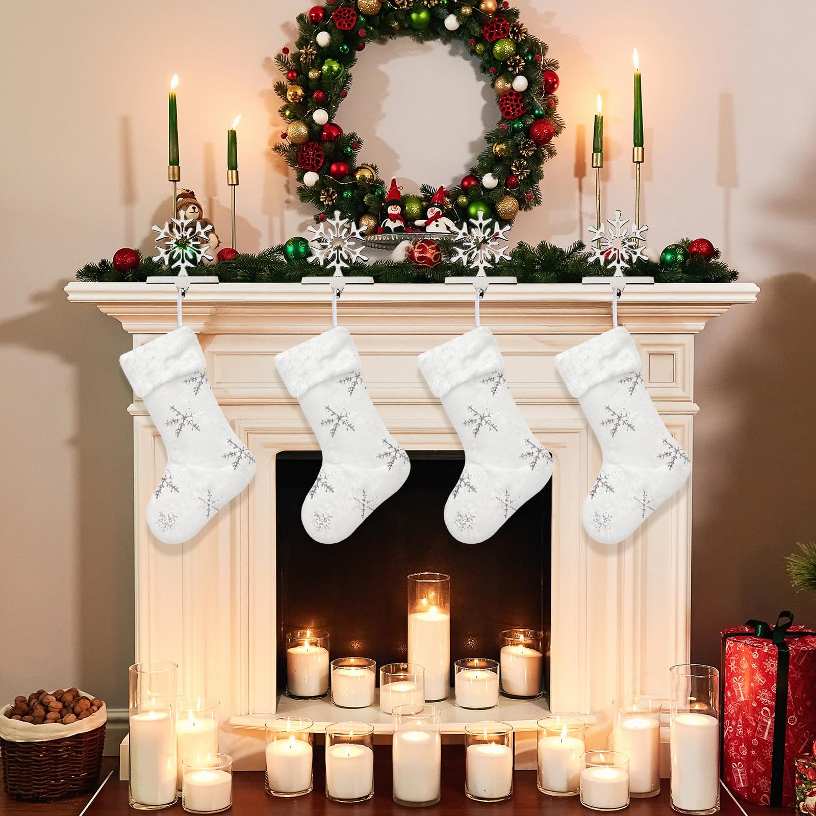 8 Pcs Christmas Stockings with Holder Set Includes 4 Faux Fur Stocking Ornaments 4 Mantle Snowflake Stocking Hangers Hooks for Xmas Family Party Decoration
