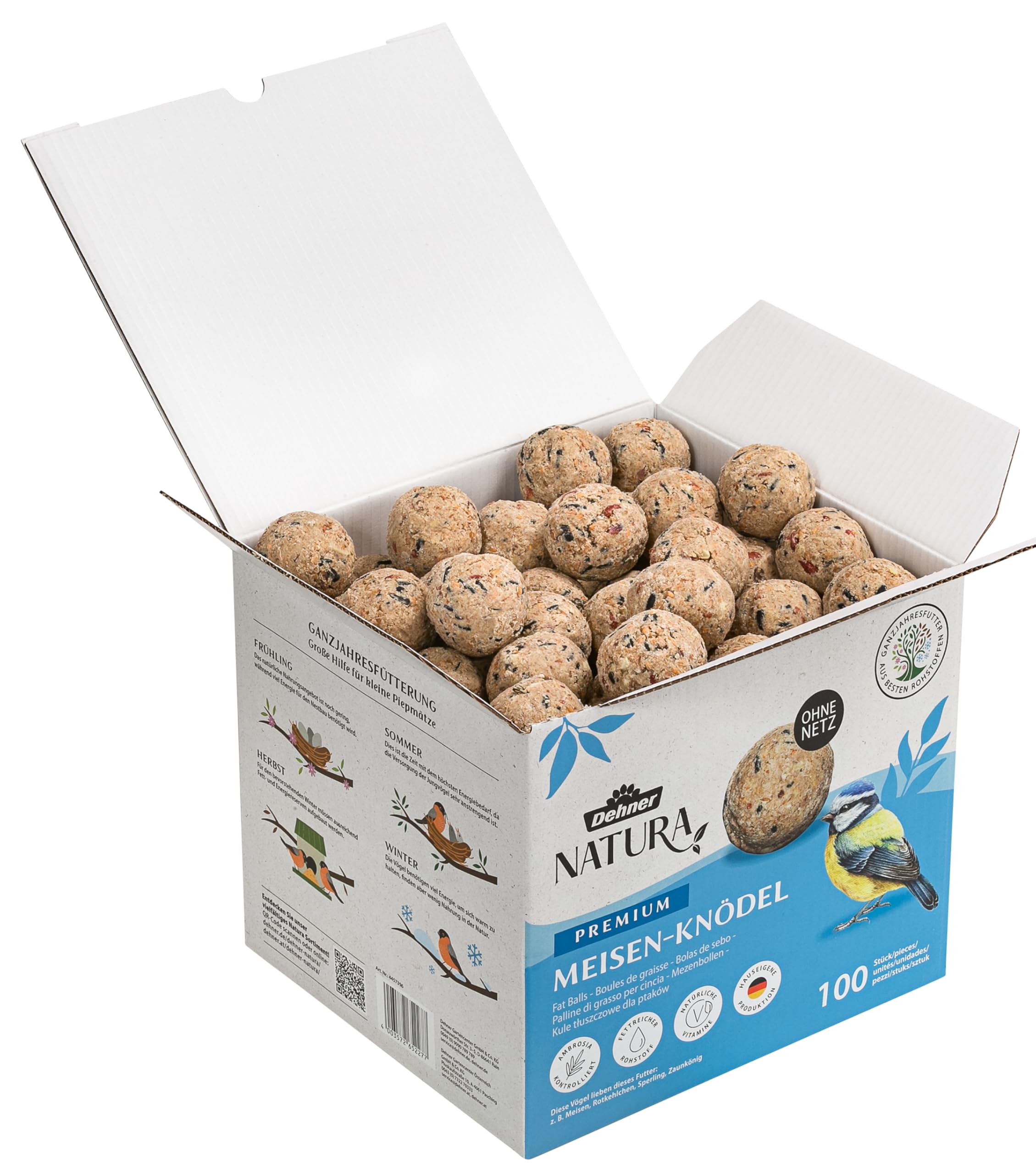 Dehner Natura Premium kule dla sikorki bez siatki, całoroczna karma dla dzikich ptaków, bogata w białko/energię, karma dla dzikich ptaków, 100 sztuk po 90 g (9 kg), karton z certyfikatem FSC