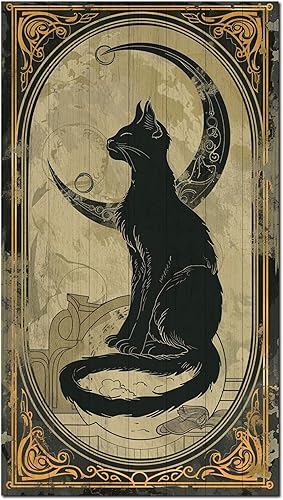 Letrero colgante de madera retro de Halloween, arte de pared gótico de gato negro y luna con 2 ganchos en la parte posterior, arte de brujería,