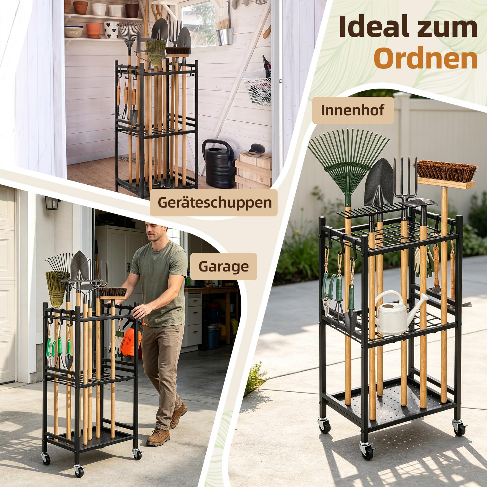 Gartenwerkzeughalter Freistehend mit Rollen, Werkzeug Organizer für Garage und Gartenhaus, Besenhalter aus Metall mit Haken